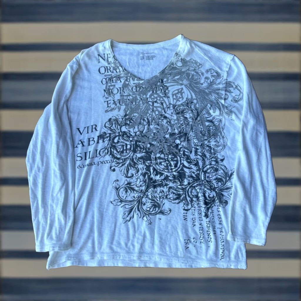 Incu VINTAGE Y2K INC Affliction Style Goth Punk Emo Waffle Thermal Shirt 2XL White Cotton Knit Long Sleeve Henley Men Mens Size US XXL / EU 58 / 5 - 1 Thumbnail