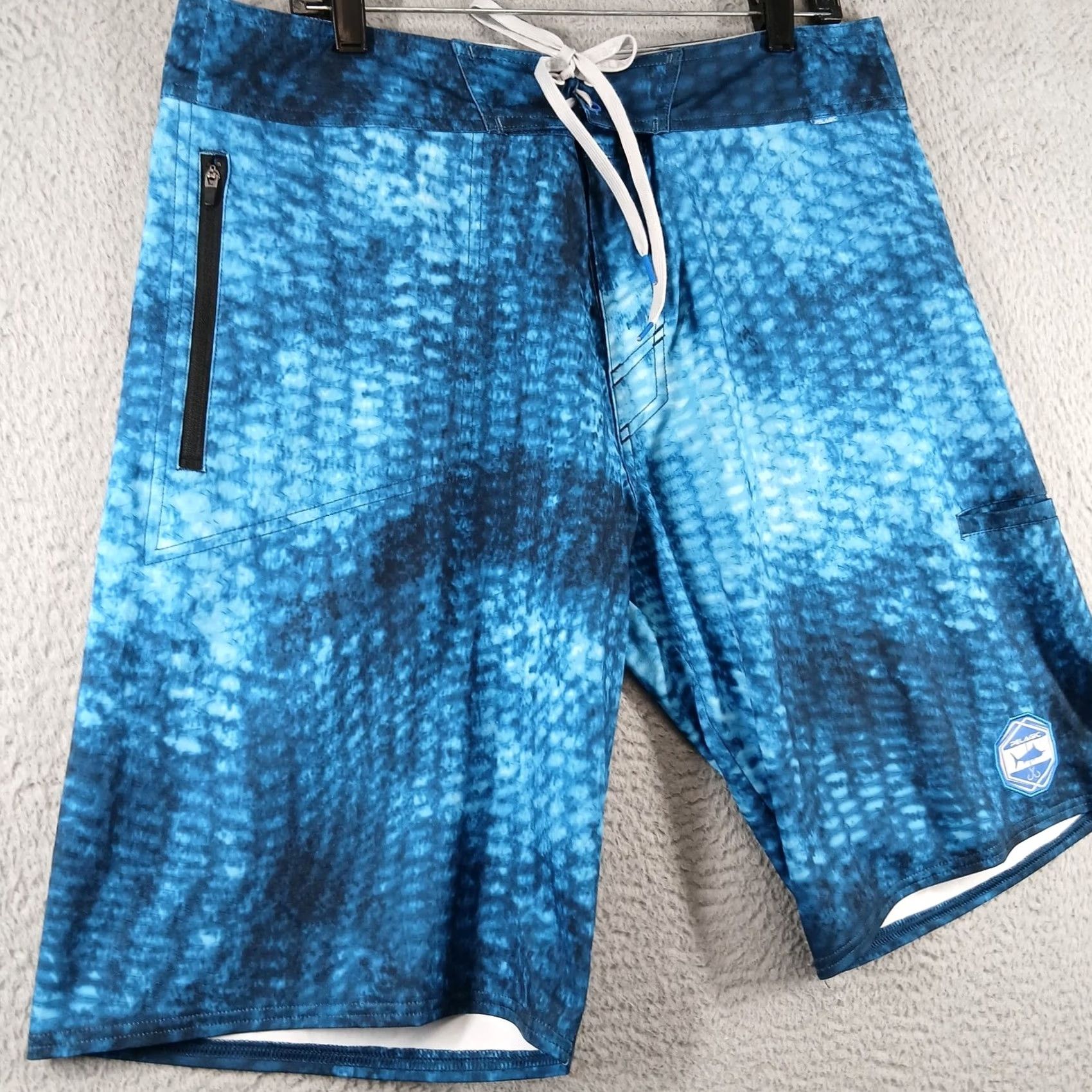 PELAGIC Argonaut Boardshorts Blue 36 Geometric Fish Scale