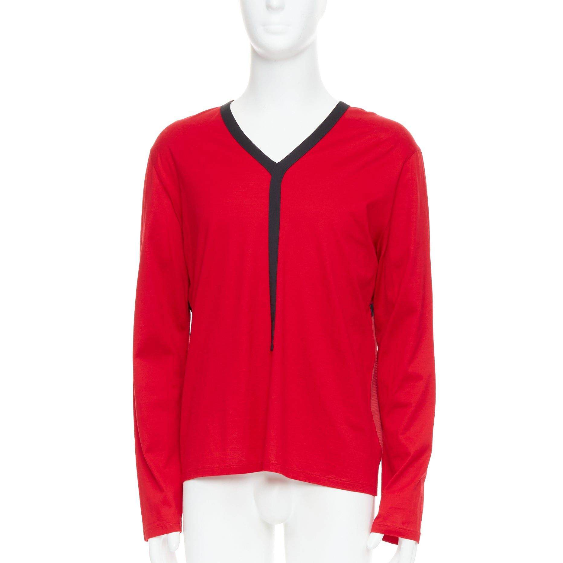 Balenciaga BALENCIAGA 2012 red cotton blend black trim V-neck long sleeve top XL Size US XL / EU 56 / 4 - 1 Thumbnail