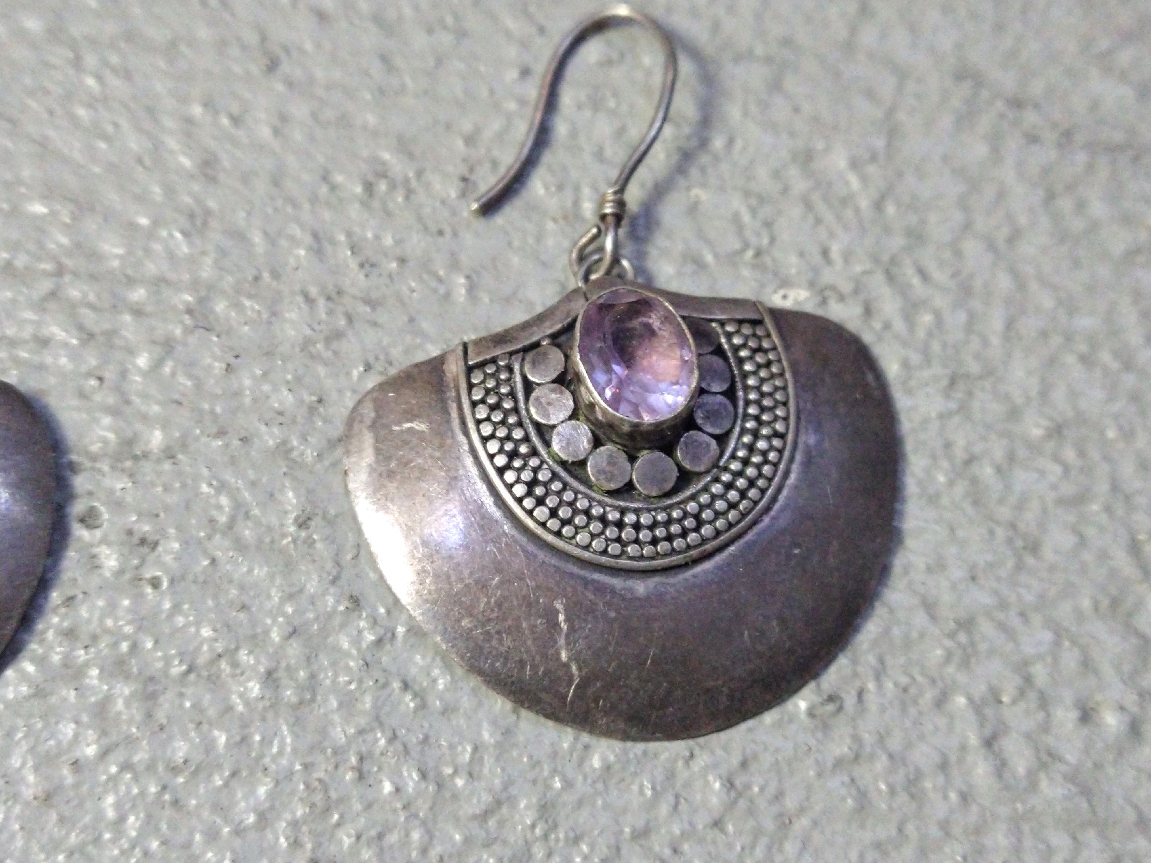 Jewelry × Vintage Vintage Sterling Silver Earrings Purple Amethyst Fan Modern Size ONE SIZE - 2 Thumbnail