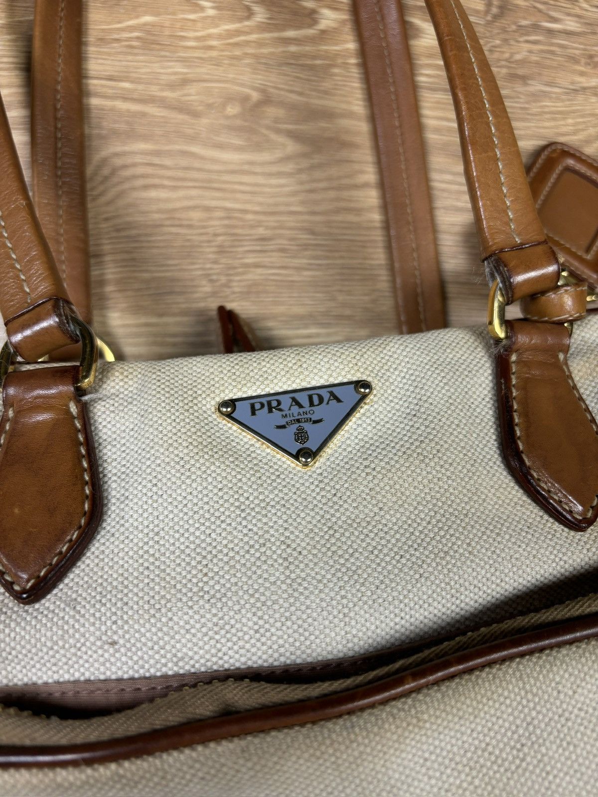 Prada Prada Beige Canvas & Brown Leather Shoulder Bag Size ONE SIZE - 5 Thumbnail