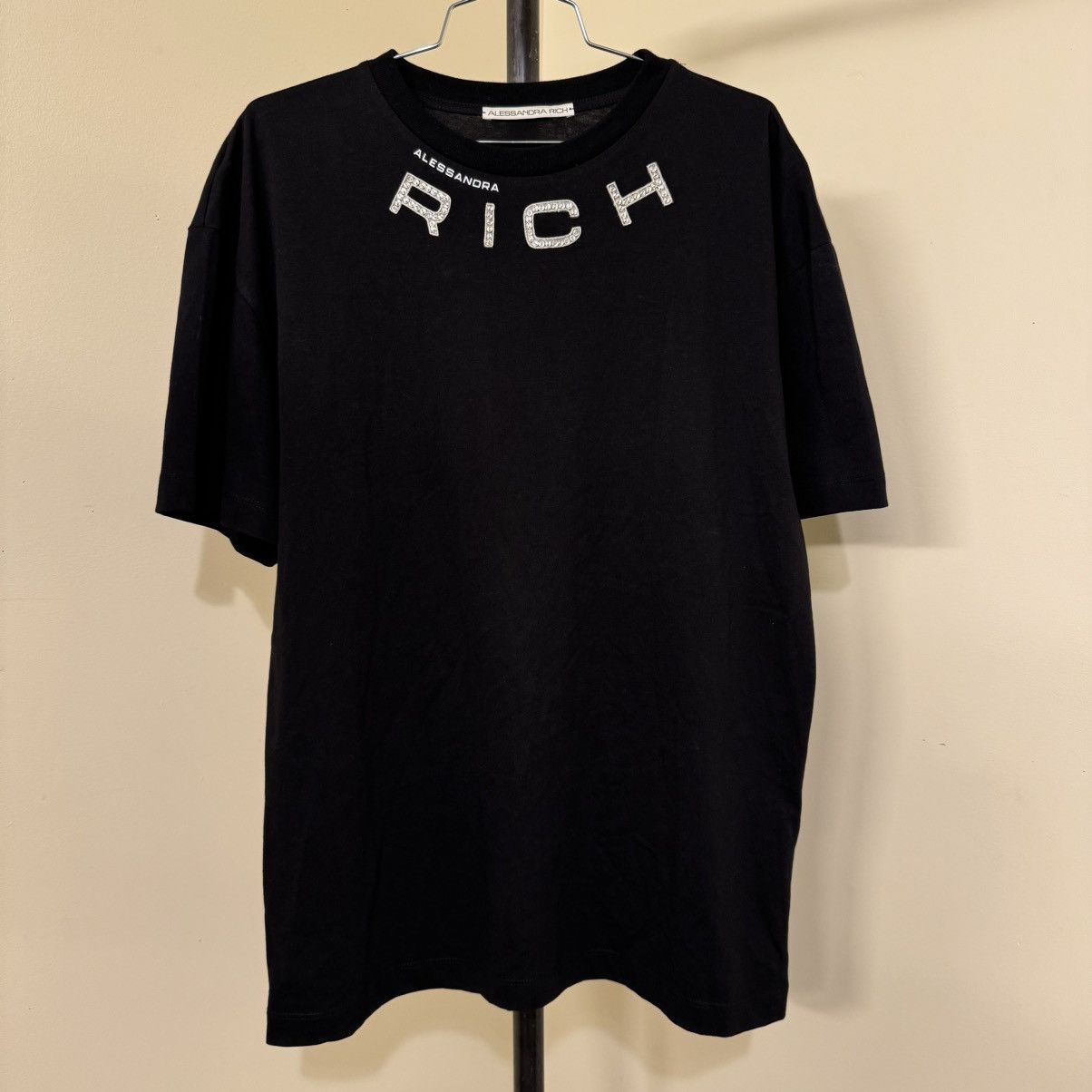 image of Alessandra Rich Alesandra Rich T Shirt Logo Crystal Fine Cotton in Black, Women's (Size XL)