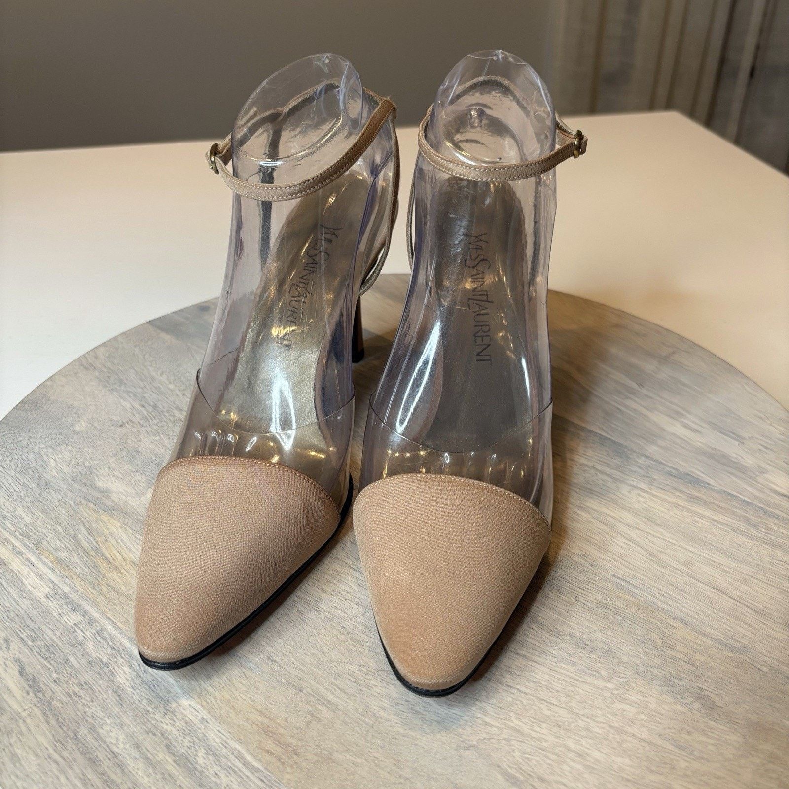 Saint Laurent Paris Saint Laurent Vintage Beige and Clear Ankle Wrap Pumps 9.5 M Size US 9.5 / IT 39.5 - 10 Thumbnail