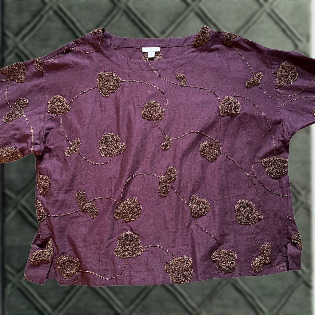 Vintage Pure Jill Valley Florals Embroidered 3/4 Square-Sleeve Top Cotton Burgundy Small Shirt Women Regular XS? Size S / US 4 / IT 40 - 1 Thumbnail