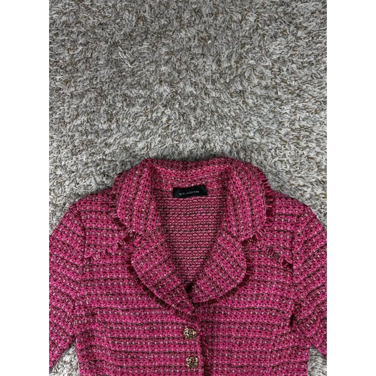 St. John St. John Collection Blazer Jacket Sz S Pink Bouclé Knit Fringe Trim Gold Buttons Women Size S / US 4 / IT 40 - 2 Thumbnail