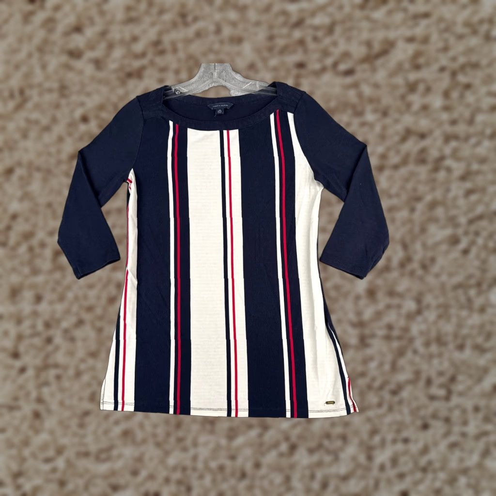 Tommy Hilfiger Tommy Hilfiger Shirt Women XS Blue Stripe 3/4 Sleeve Boat Neck Cotton Knit Logo Regular Colorful Women Size XS / US 0-2 / IT 36-38 - 1 Thumbnail
