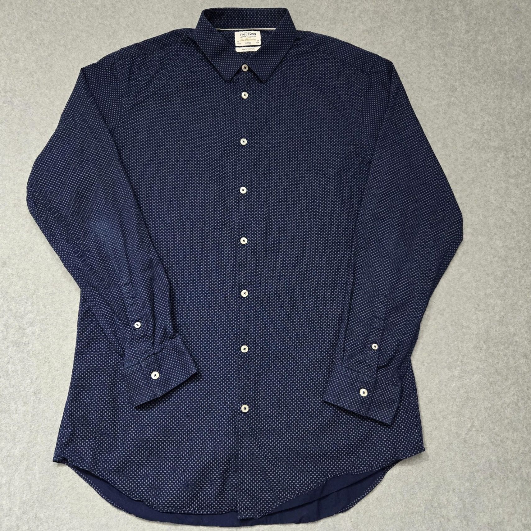 Vintage TM Lewin Shirt Mens 17 36 Navy Blue Fitted Dress Long Sleeve Patterned Button Up Formal Size 46R - 2 Thumbnail