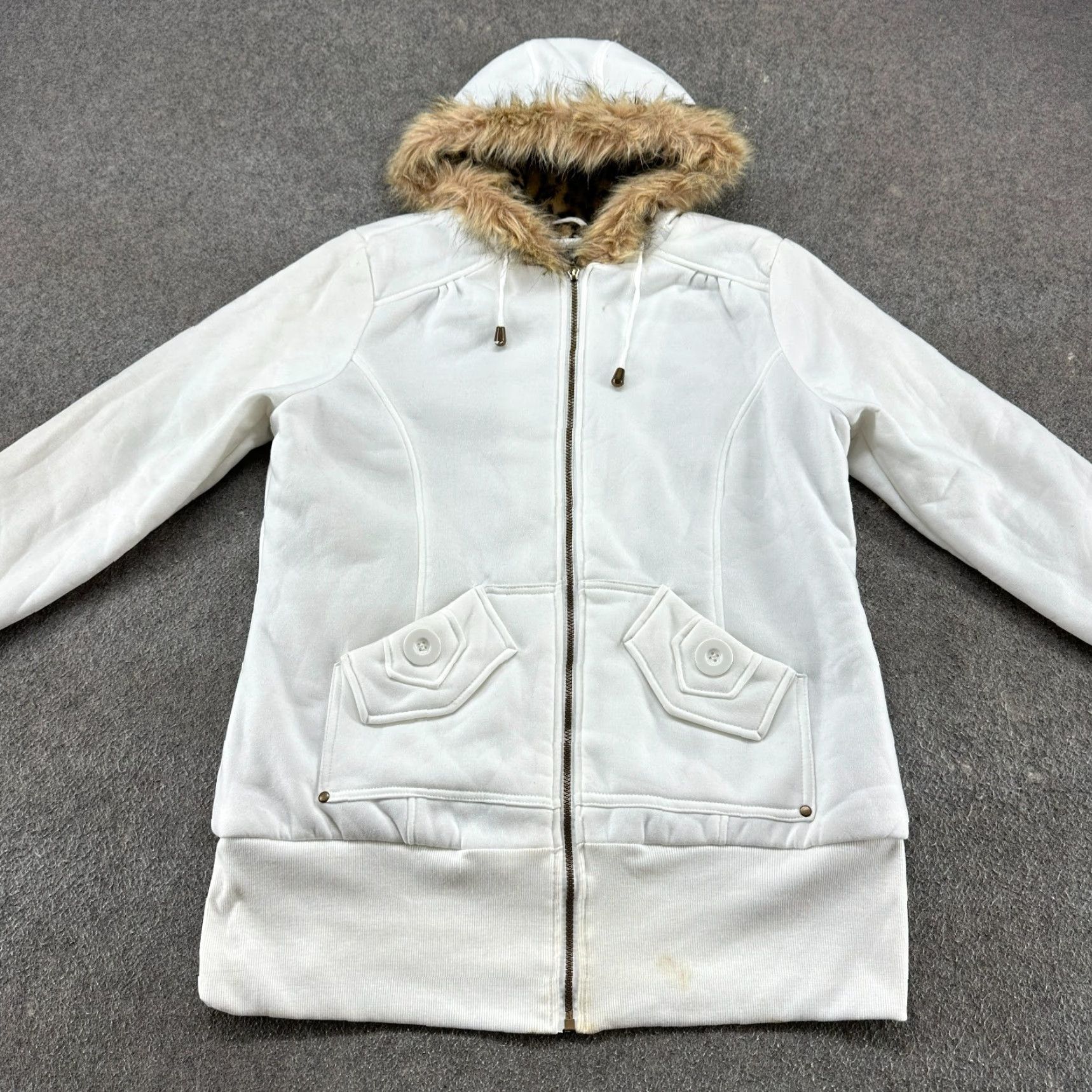 Pinko VINTAGE Pink Soup Jacket Women 1X White Brown Hooded Faux Fur Lined Full Zip 90s Parka Womens Size XL / US 12-14 / IT 48-50 - 2 Thumbnail