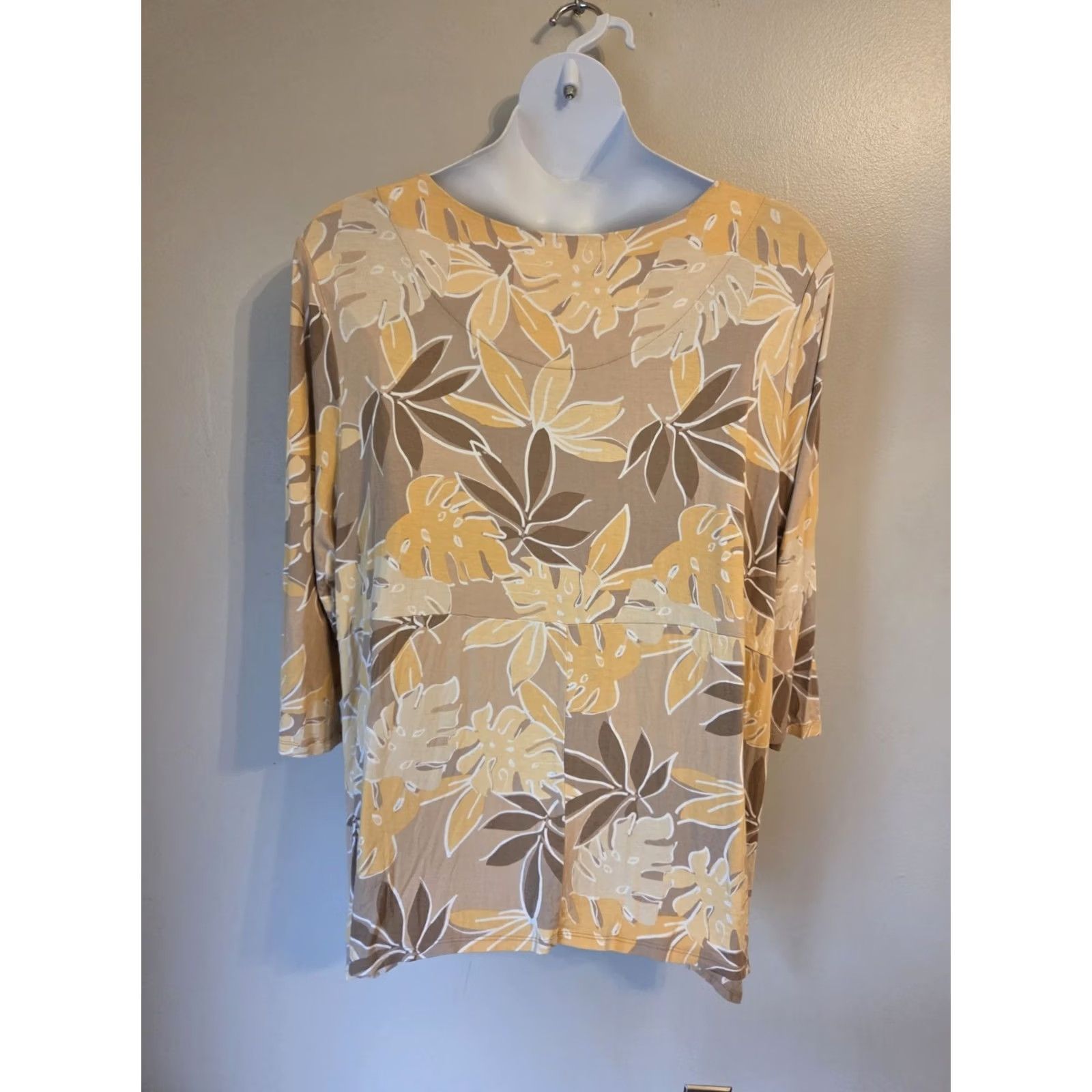 Vintage Ruby Rd Woman Yellow Light Brown Floral Leaf Print Asymmetrical Hem Tunic Top 3X Size XXL / US 16-18 / IT 52-54 - 5 Thumbnail