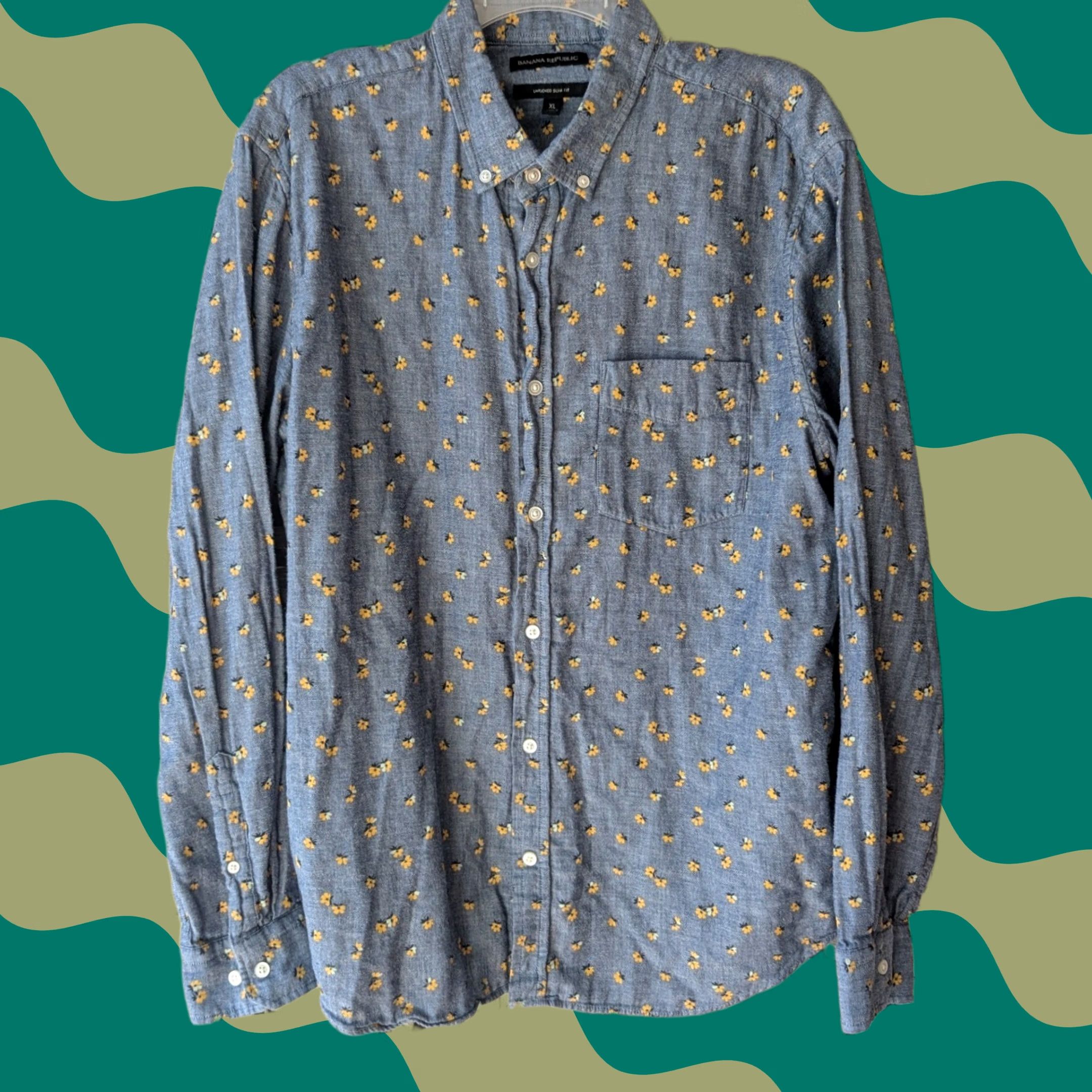 Banana Republic Banana Republic Shirt Mens XL Untucked Slim Fit Button Down Floral Blue Yellow Chambray Button-Up Pocket Casual Workwear Women? Size US XL / EU 56 / 4 - 1 Thumbnail
