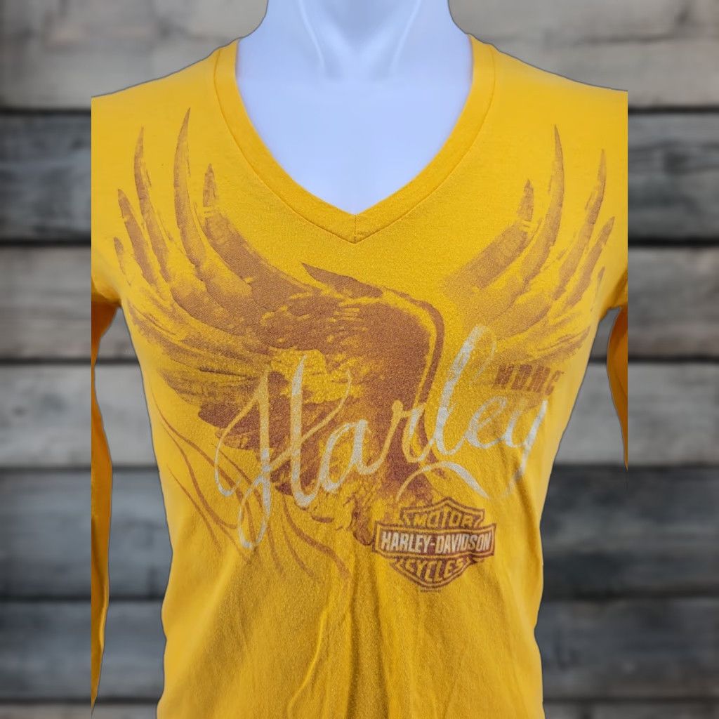 Harley Davidson VINTAGE Wisconsin Harley-Davidson LS Shirt Womens M V Neck Yellow Orange Harley-Davidson Shirt Ladies Medium Gold Size M / US 6-8 / IT 42-44 - 1 Thumbnail