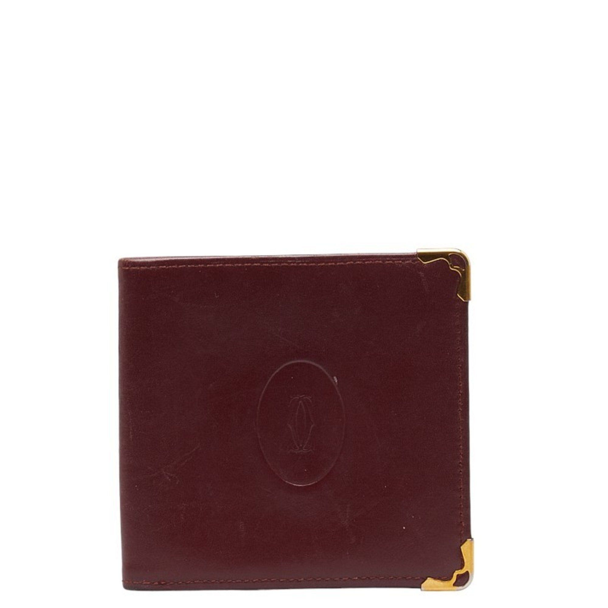 image of Cartier Must Line Bi-Fold Wallet Wine Red Bordeaux Leather Women's in Blue
