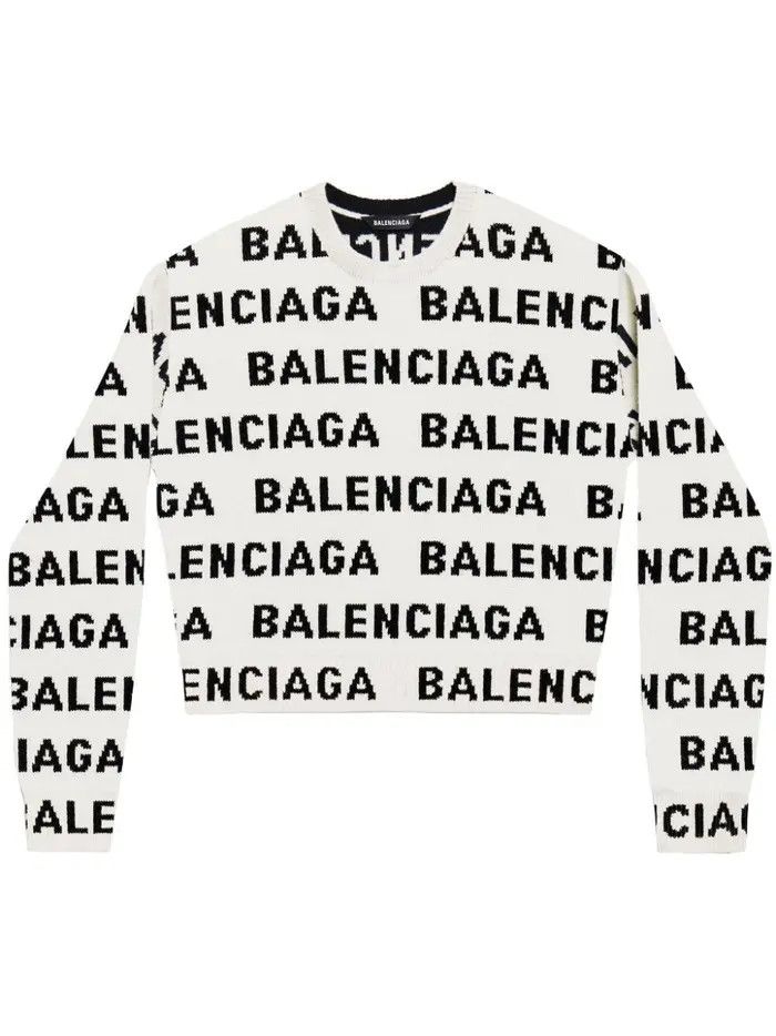 Balenciaga o1tr1nto0326 Bal Horizontal Allover Cropped Sweater White Size M / US 6-8 / IT 42-44 - 1 Thumbnail