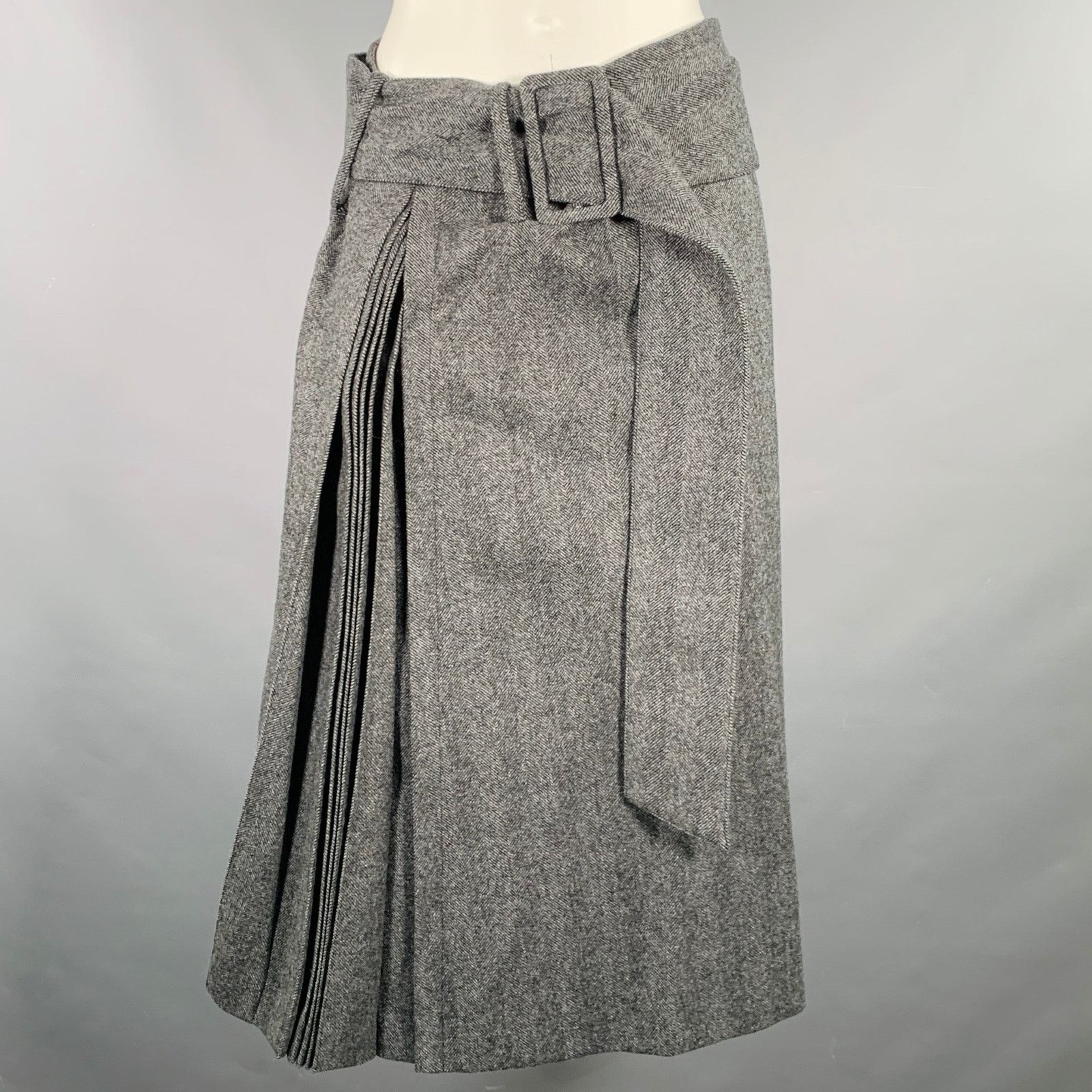 rokh ROKH Size 4 Grey Wool Herringbone Belted A-Line Skirt Size 27" / US 4 / IT 40 - 1 Thumbnail