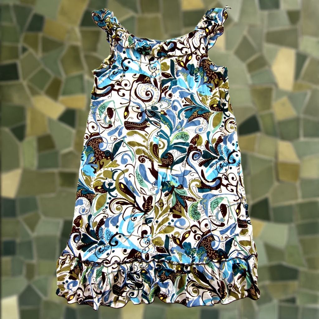 Vintage Loco Lindo 100% Rayon Green Floral Ruffle Neck Tank Sun Dress Large Size L / US 10 / IT 46 - 1 Thumbnail