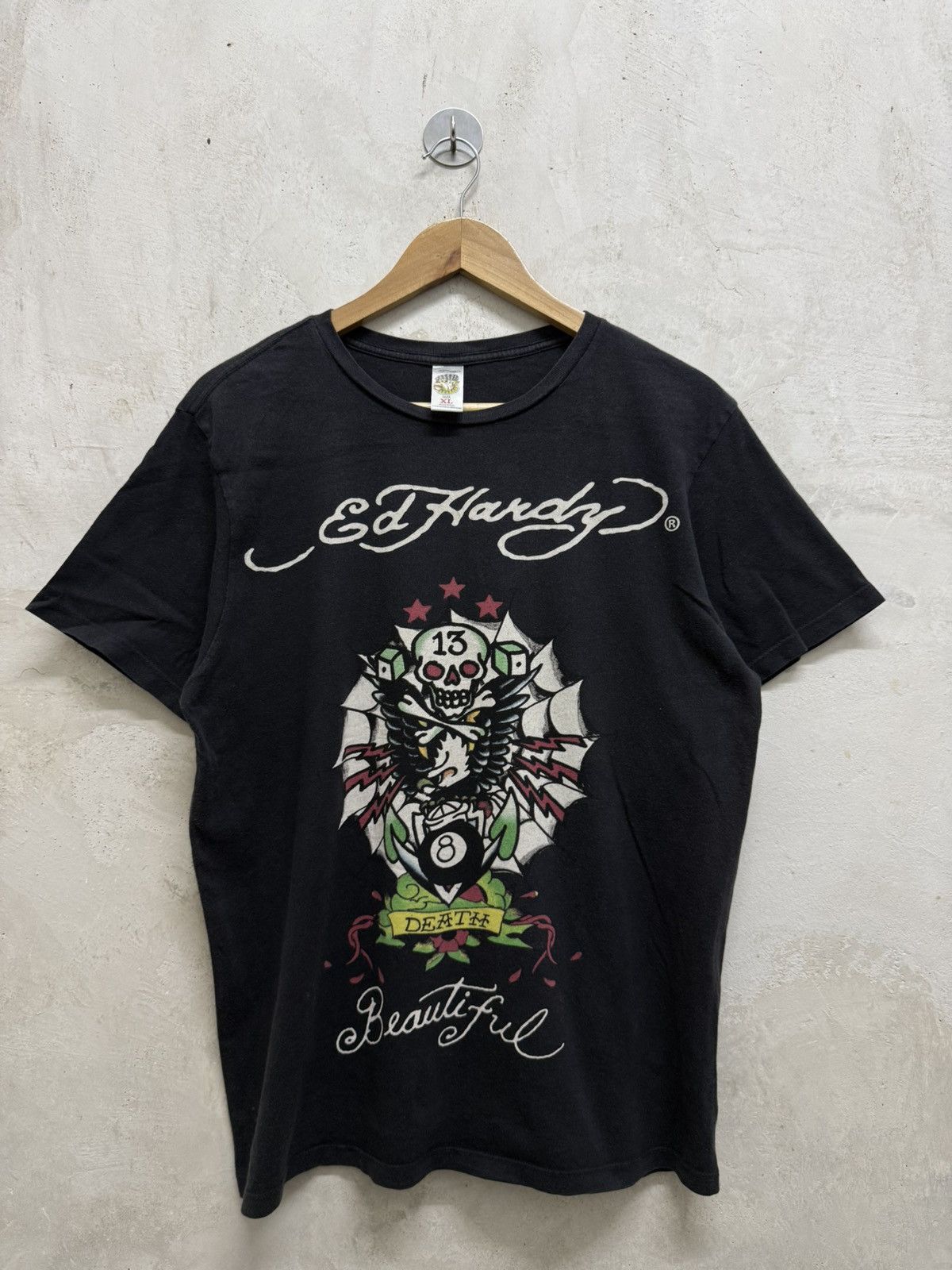 2000s Ed Hardy Skull Spider Web Eight Ball Tattoo Tshirt