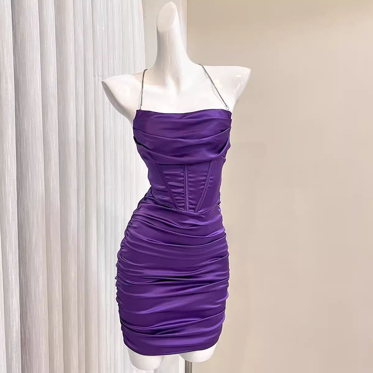 image of Vintage Temperament Slim Pleated Sexy Halter Birthday Dress in Purple, Women's (Size Medium)