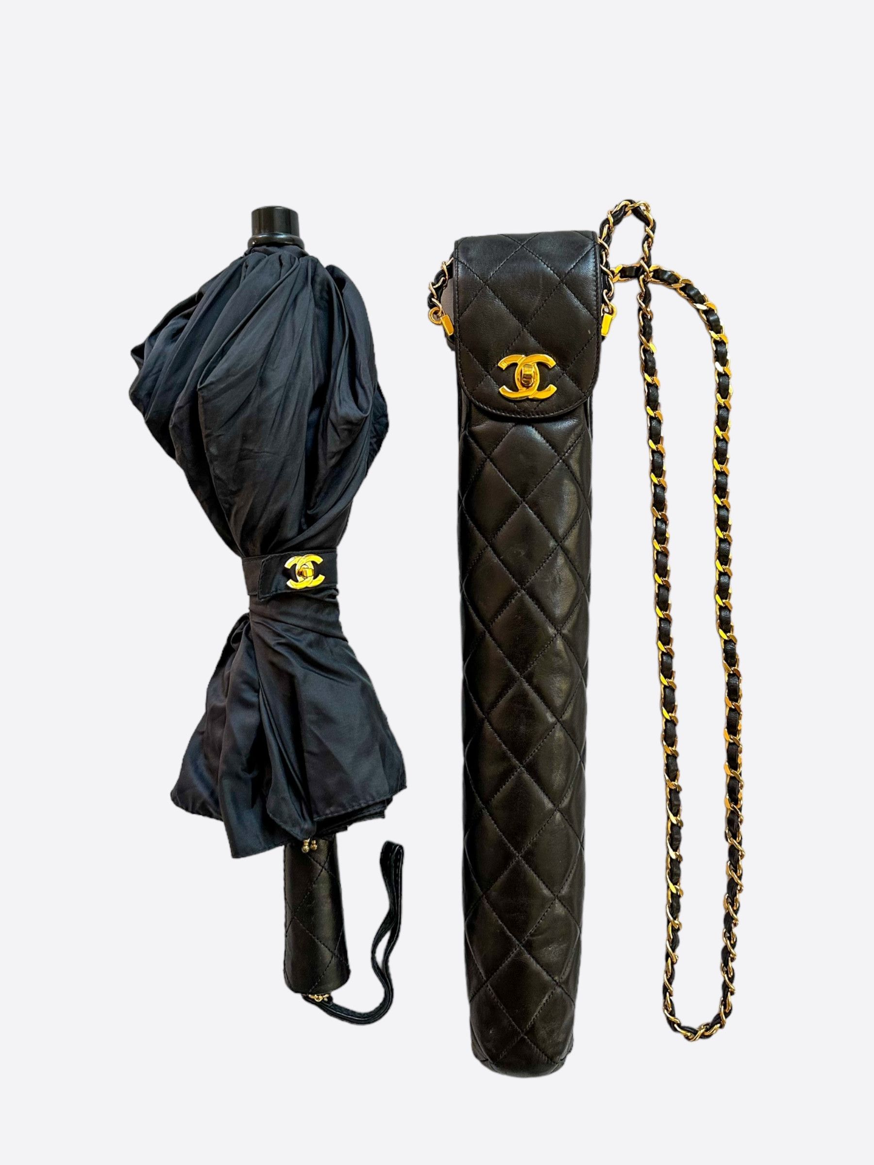 image of Chanel Black Folding Logo Umbrella & Case, Women's