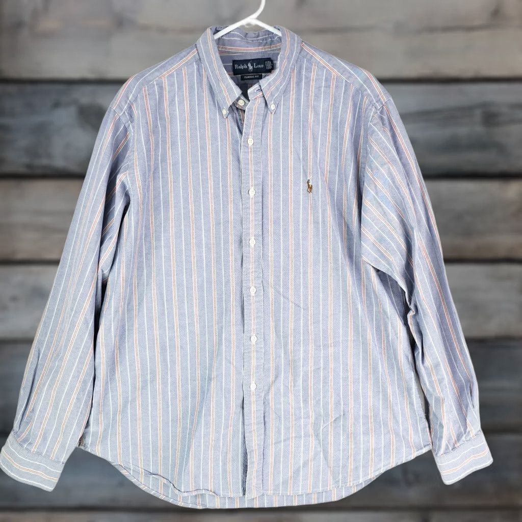 Ralph Lauren Shirt Adult 1XL Blue Stripe Classic Fit Button Down Cotton Long Sleeve Mens, Men's