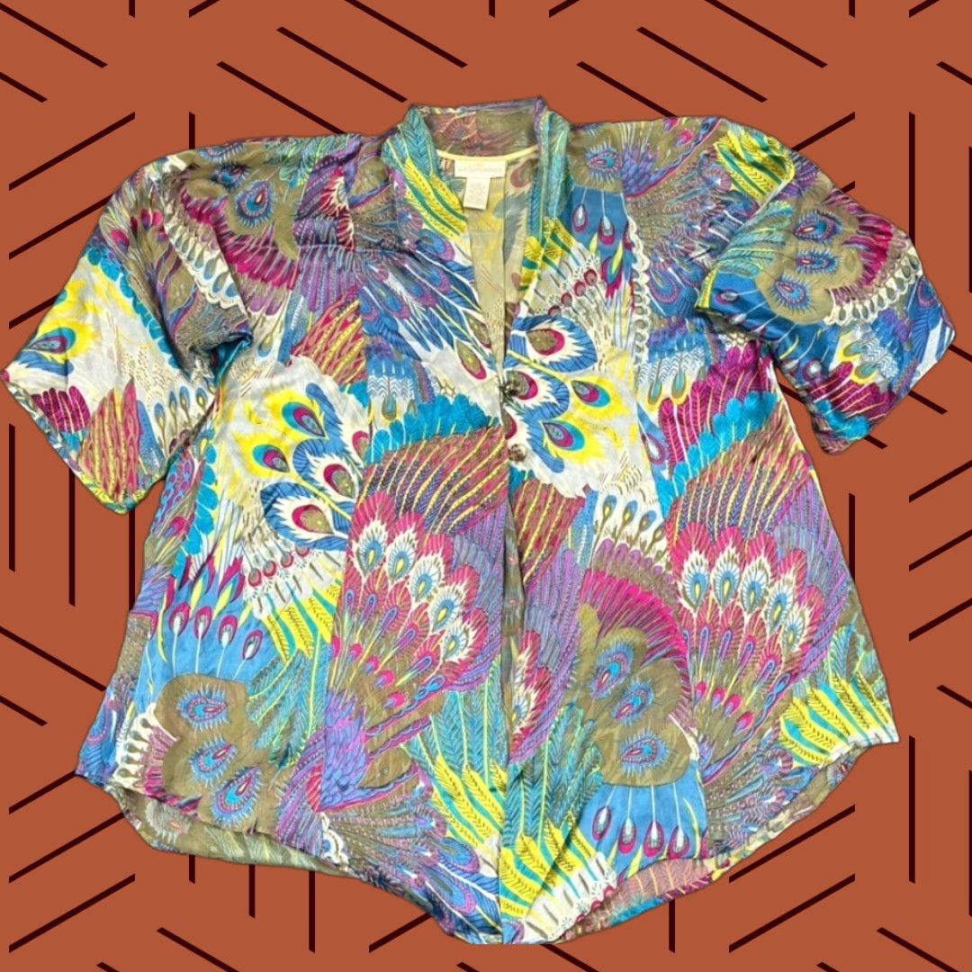 Soft Surroundings Soft Surroundings Silk Blend Kimono Shirt Women M Multicolor Geometric 3/4 Sleeve 90s Viscose Lightweight Cardigan Knitted Sheer Size M / US 6-8 / IT 42-44 - 1 Thumbnail