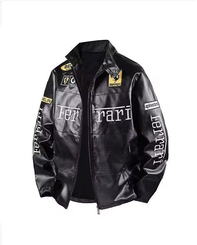 Ferrari black leather racing jacket big logo embroidery