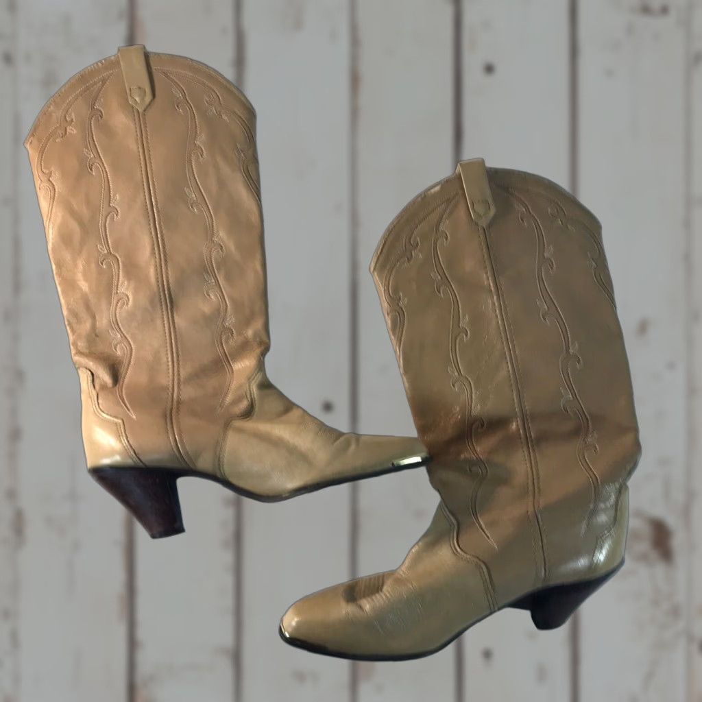 Vintage VINTAGE Acme Women's Western Cowboy Boots Size 7.5M Beige Leather Mid-Calf Casual Party Workwear Size US 7.5 / IT 37.5 - 1 Thumbnail