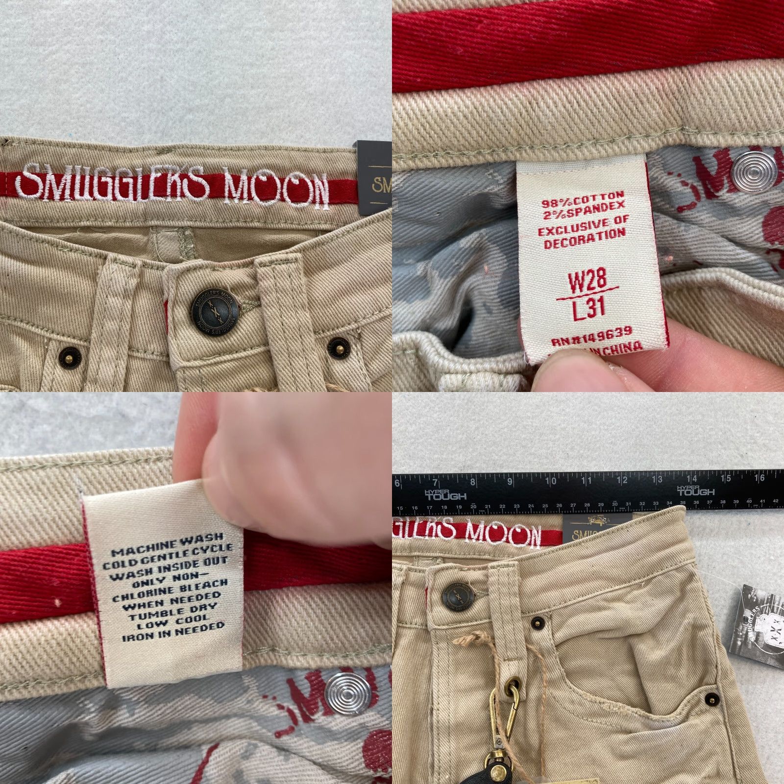 Denime Smugglers Moon Jeans Mens 28x31 Khaki Beige Denim Button Fly Roll Up Distressed Slim Jeans Men Size US 28 / EU 44 - 8 Thumbnail