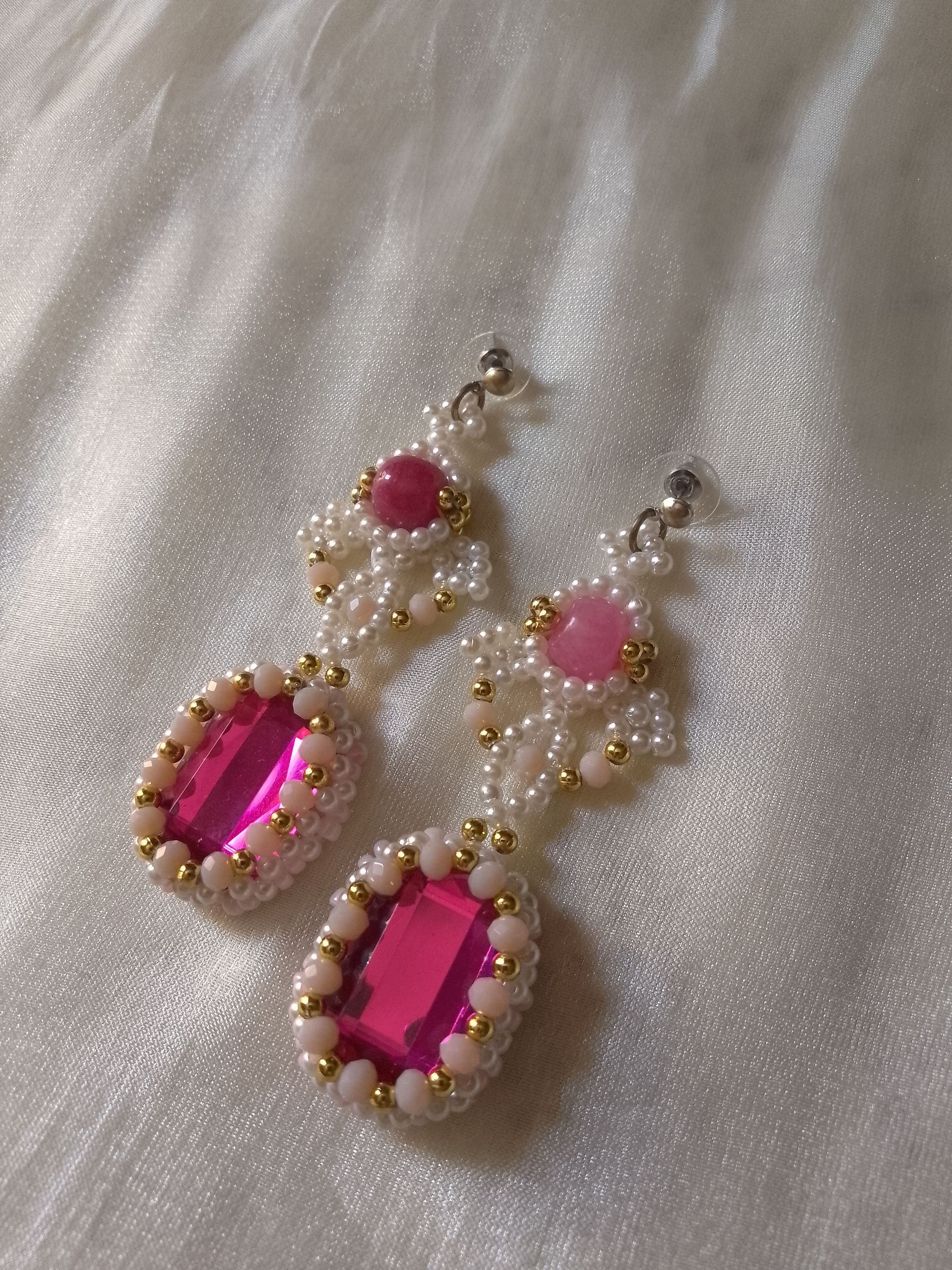 Handmade Vintage style earrings zirconia natural pink jade gemstones Size ONE SIZE - 1 Thumbnail