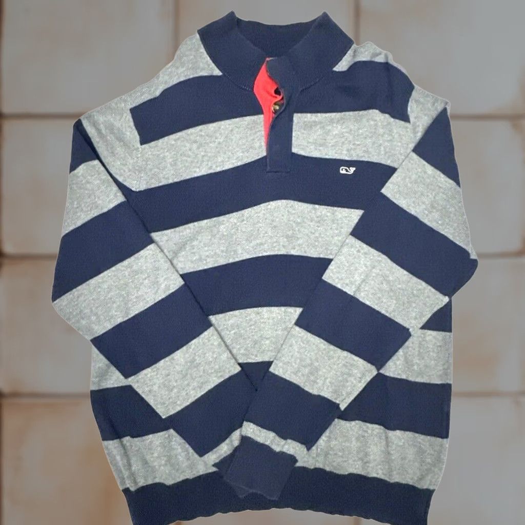 Vineyard Vines Vineyard Vines Men’s Cotton Button Front Mock Neck Gray Navy Red Size Large Sweater Pullover Long Sleeve Casual Casual Mens Size US L / EU 52-54 / 3 - 1 Thumbnail