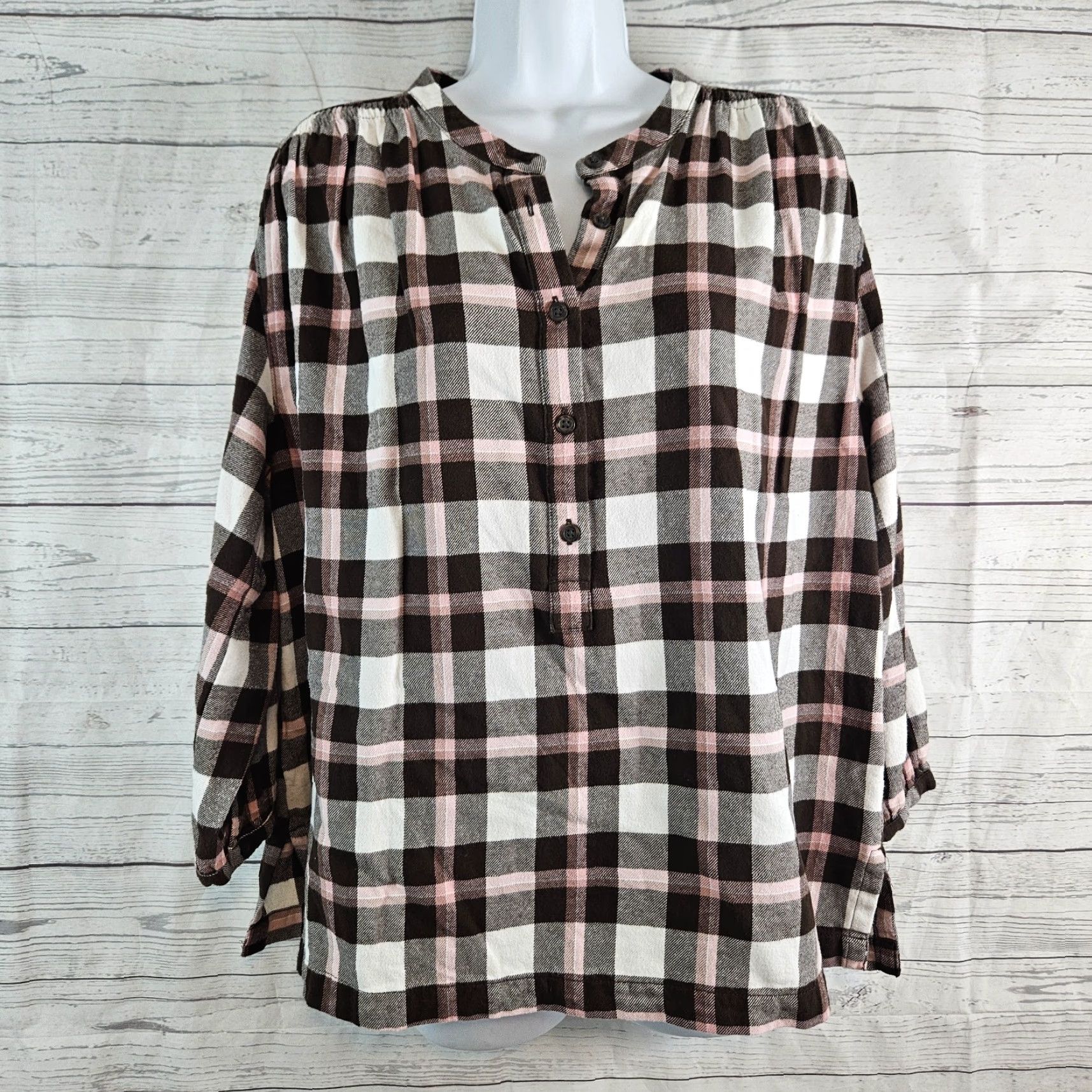 Lands' End Lands' End Womens Blouse Plaid Flannel Top Sz L Pink Brown 3/4 Sleeve Cotton Shirt Women's Wooly Fall Winter Spring Size L / US 10 / IT 46 - 2 Thumbnail