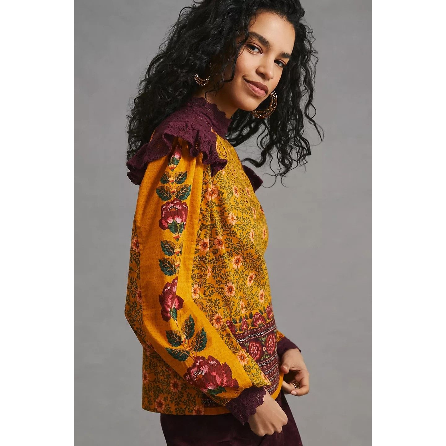 Anthropologie New Farm x Anthropologie Ruffled Blouse SMALL Yellow Motif Size S / US 4 / IT 40 - 3 Thumbnail