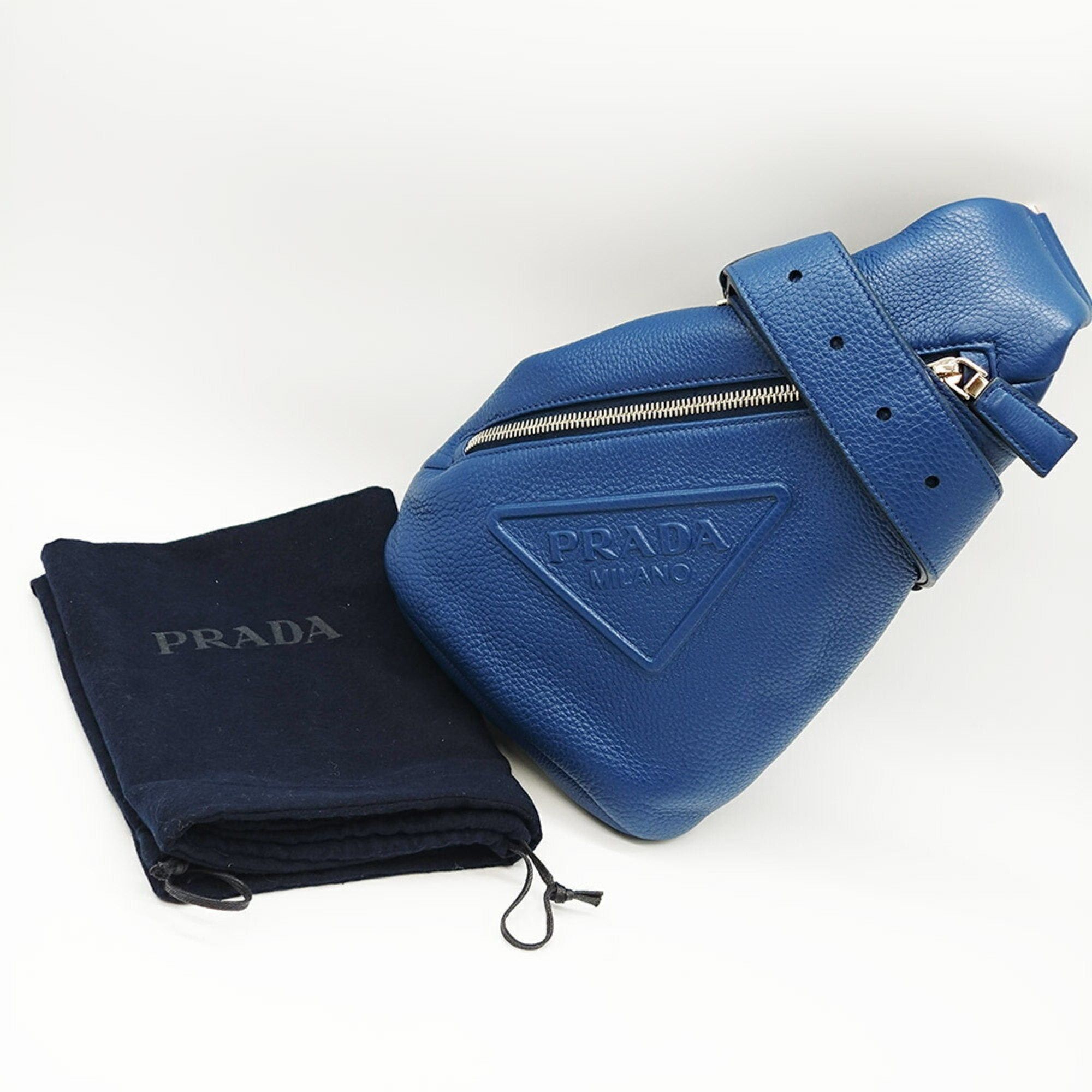 image of Prada Cross Vitello Dino Body Bag With Embossed Pattern Blue Leather Triangle, Women's