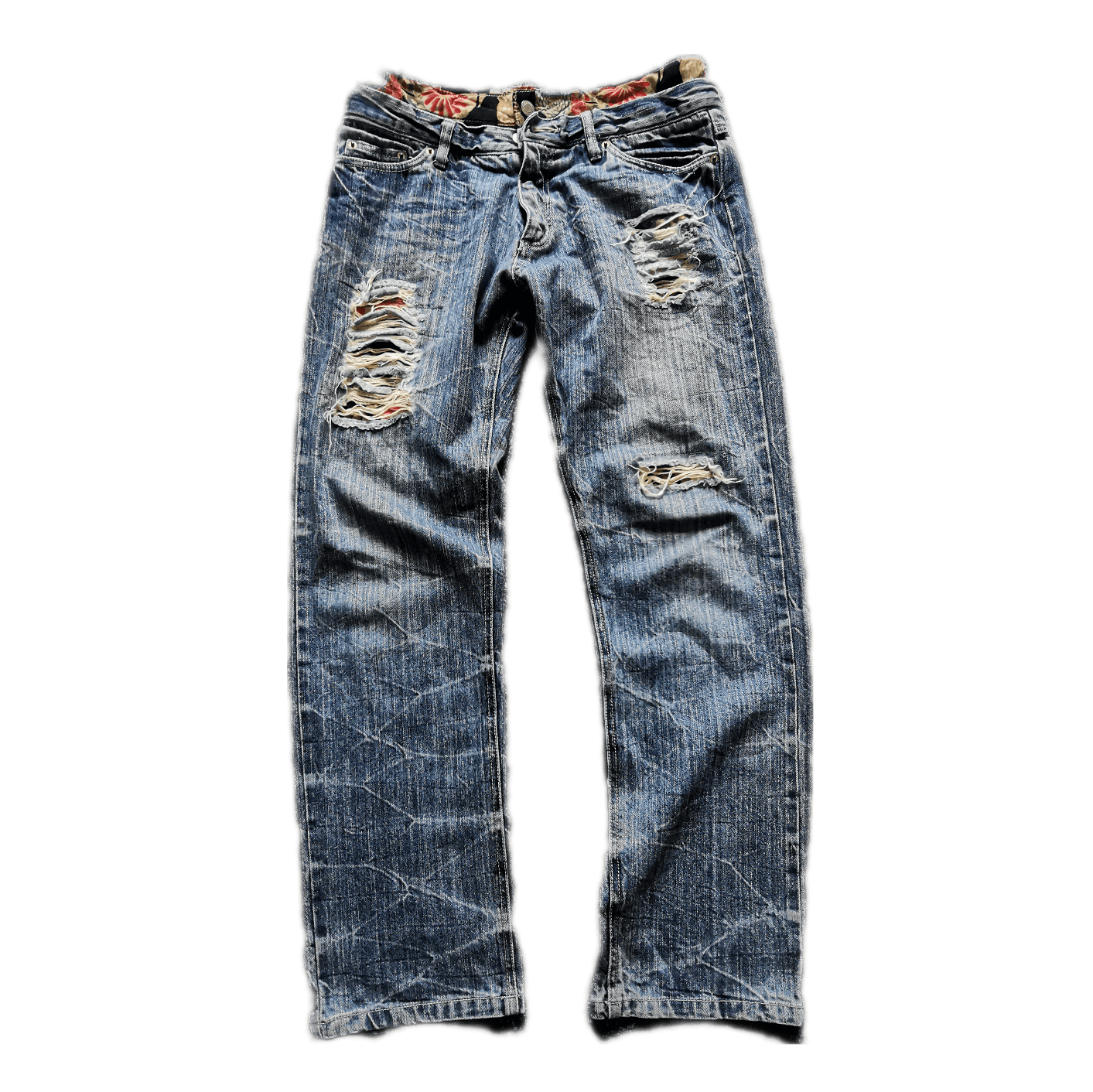 Archival Clothing 🇯🇵🔥 90s Floral Distressed Ripped Double Waist Denim ...