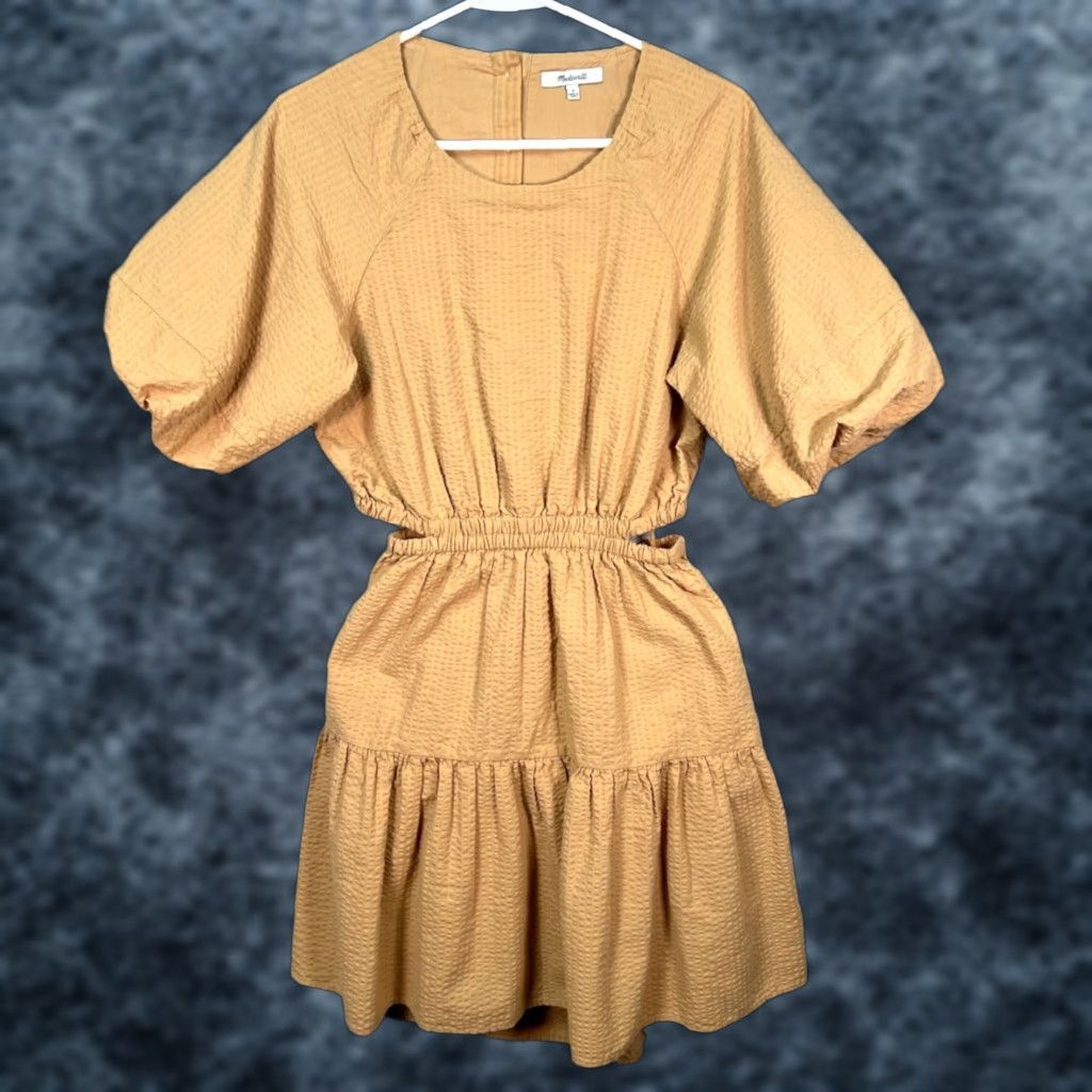 Madewell Madewell Dress Beig e Short Puff Sleeve Textured Cotton Elastic Waist Button Back A-Line Mini Women S Small Size S / US 4 / IT 40 - 1 Thumbnail