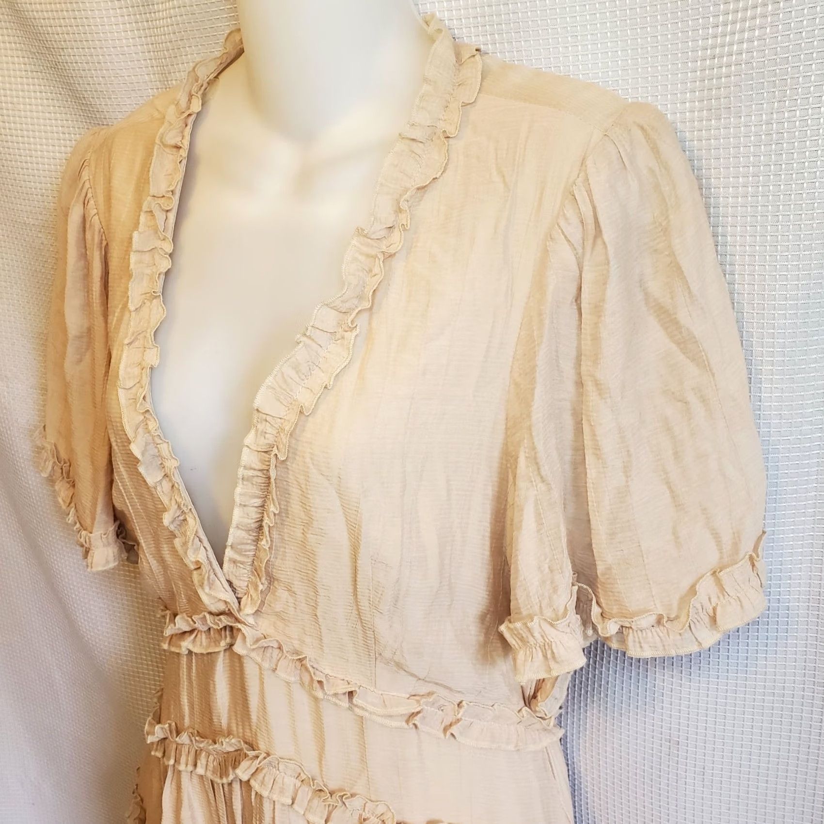 Vintage Entro Womens L Tiered Backless Mini Dress Boho Pink Lined V-Neck Bell Sleeve Button Zipper Size L / US 10 / IT 46 - 2 Thumbnail
