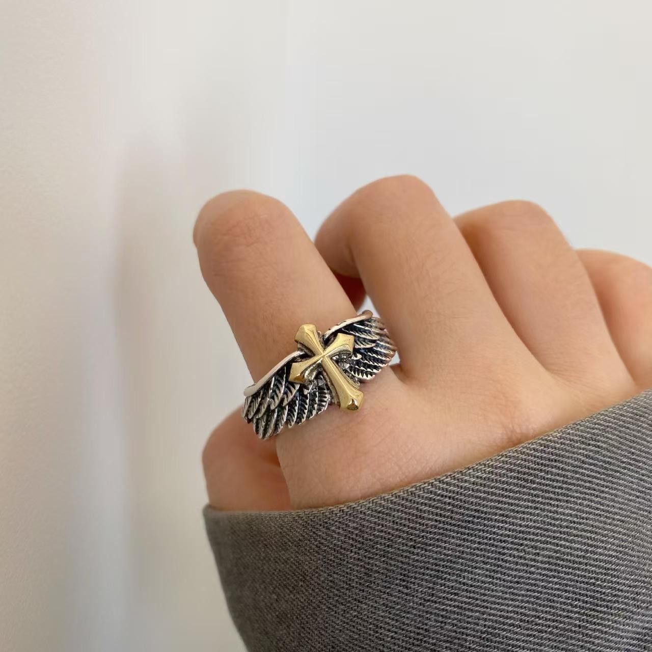 Jewelry Retro Winged Cross Graffiti Open Ring Size ONE SIZE - 4 Thumbnail