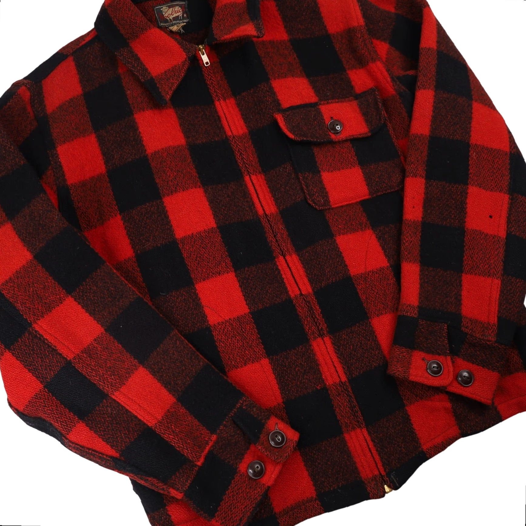 VINTAGE Woolrich Wool Shirt Jac Buffalo Plaid Mens M Red 40s/50s Talon Zipper 8/10