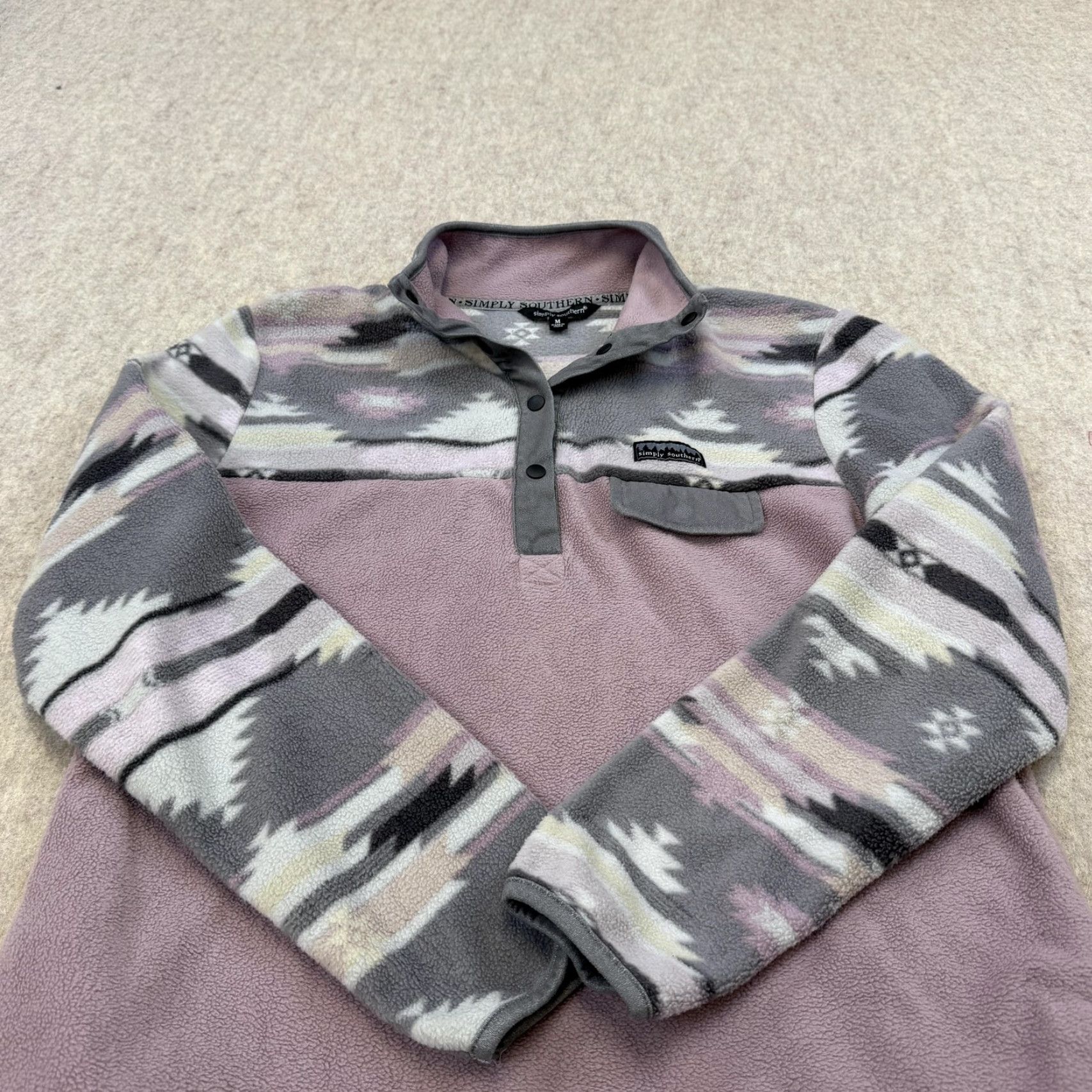 Vintage Simply Southern Fleece Pullover Womens Medium Purple Gray Aztec Snap Neck Sweater Mock Neck Geometric Vintage No Size M / US 6-8 / IT 42-44 - 5 Thumbnail