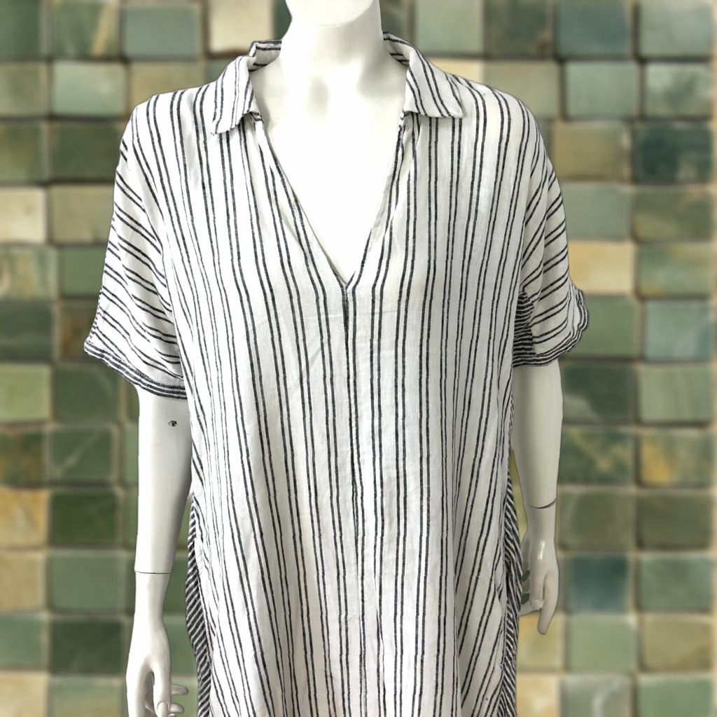 Lucky Brand Lucky Brand Black Linen Rayon V-Neck Popover A-Line Midi Dress Women Medium Below Knee Short Sleeve Striped Pattern Size M / US 6-8 / IT 42-44 - 1 Thumbnail
