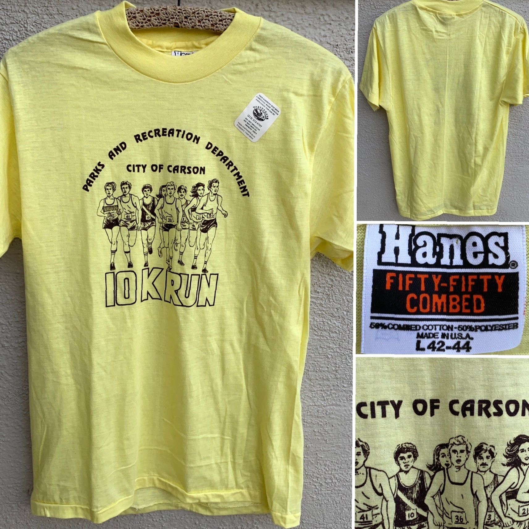 Hanes VINTAGE Parks And Recreation Department City Of Carson 10K Run T Shirt Sz L Men Yellow Short Sleeve Hanes Size US L / EU 52-54 / 3 - 2 Thumbnail