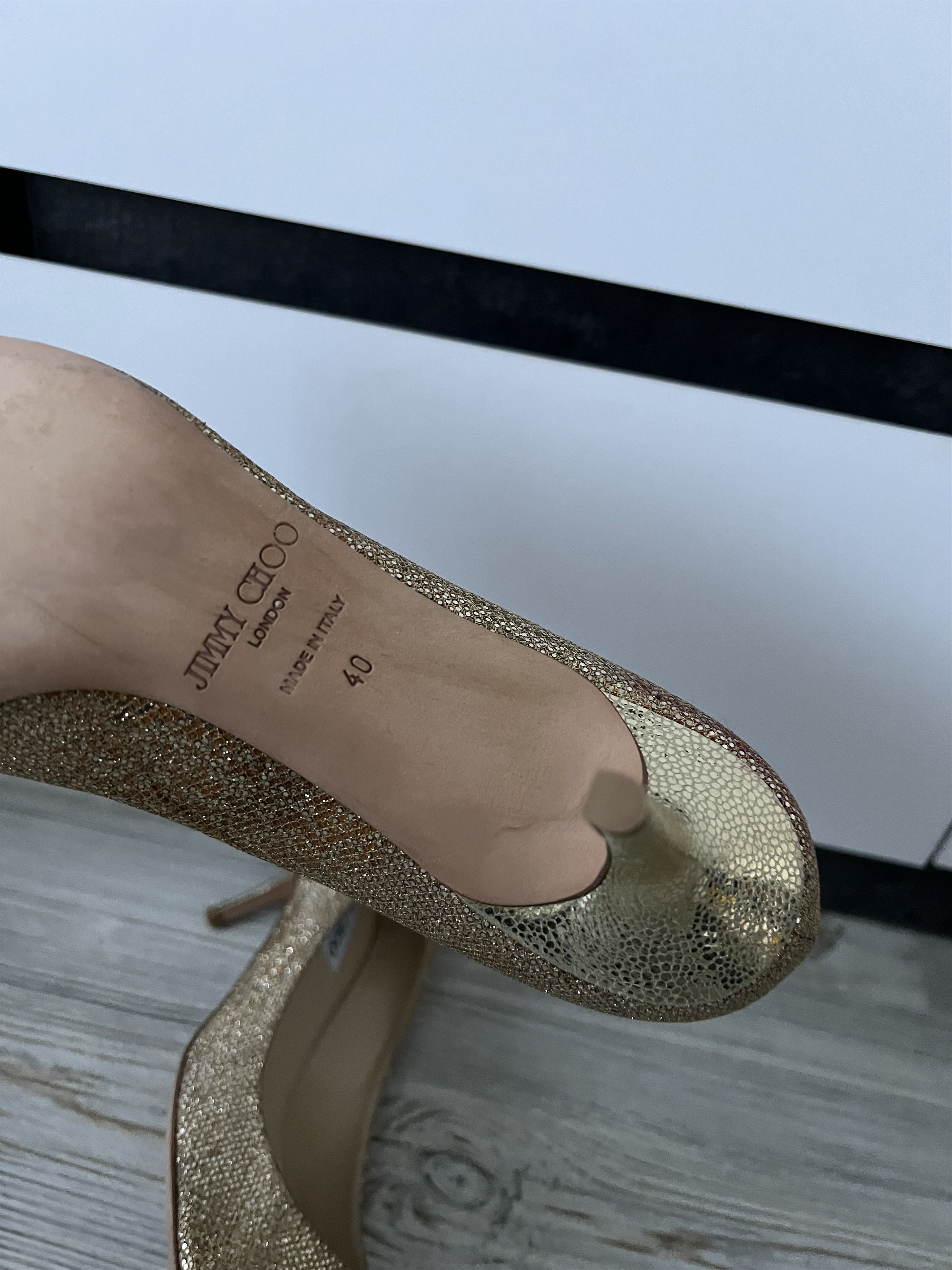 Jimmy Choo Jimmy Choo Gold Glitter Peep Toe Leather Heels Size 40 Size US 10 / IT 40 - 7 Thumbnail