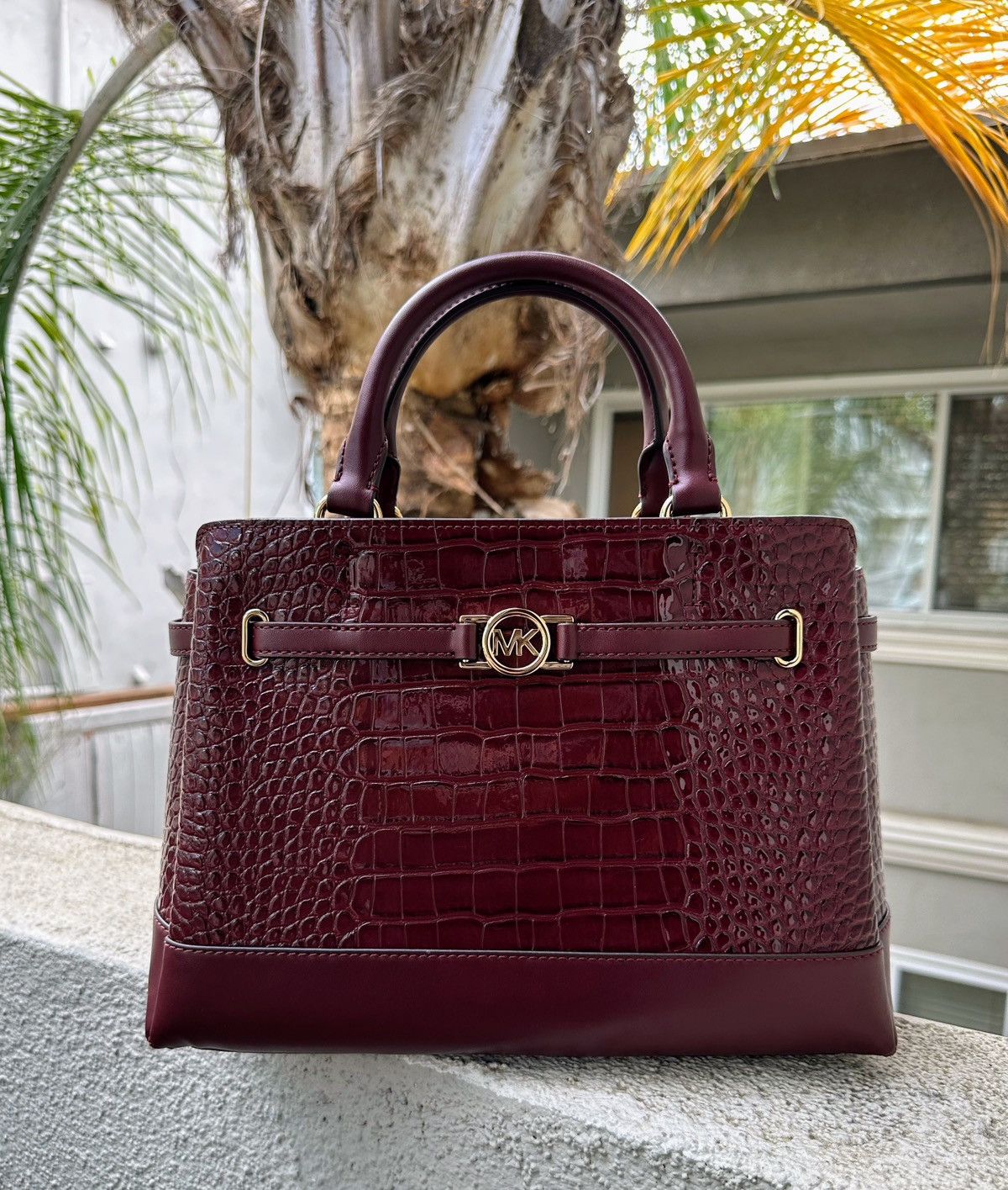Michael Kors Reed Large Croc-Embossed Leather Belted Satchel Oxblood Size ONE SIZE - 1 Thumbnail