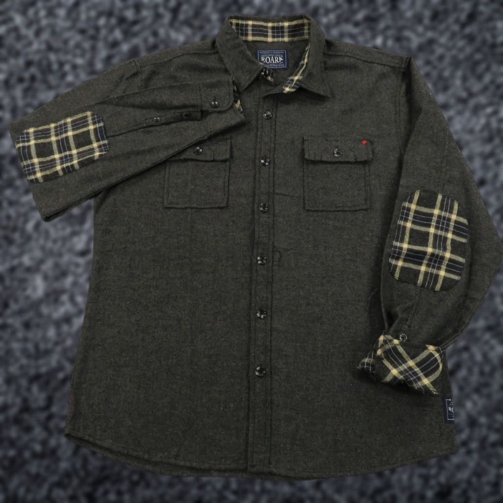 Roark Revival Shirt Men XL Nordsman Charcoal Flannel Plaid Elbow Patch Button Up