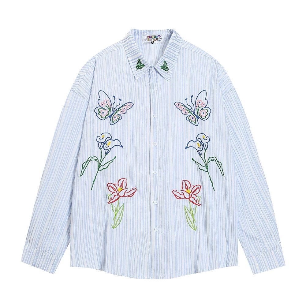 Vintage Men's hip-hop flower embroidery striped long-sleeved shirt Size US M / EU 48-50 / 2 - 1 Thumbnail