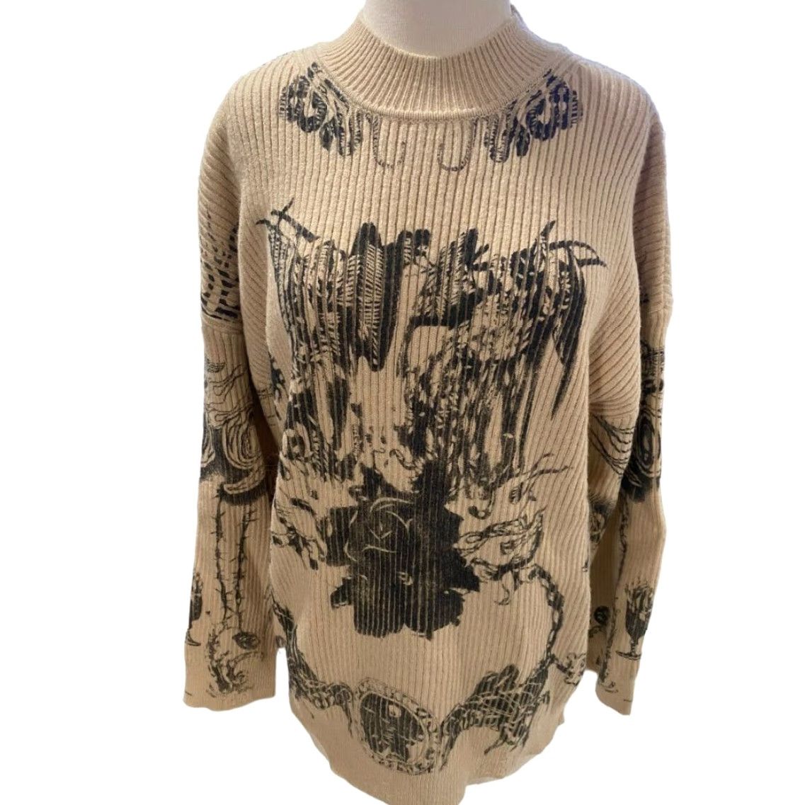 Cider VINTAGE Large Cider Tan Graphic Print Sweater Funnel Neck Ribbed Womens L Brown Long Sleeve Pullover Size L / US 10 / IT 46 - 2 Thumbnail