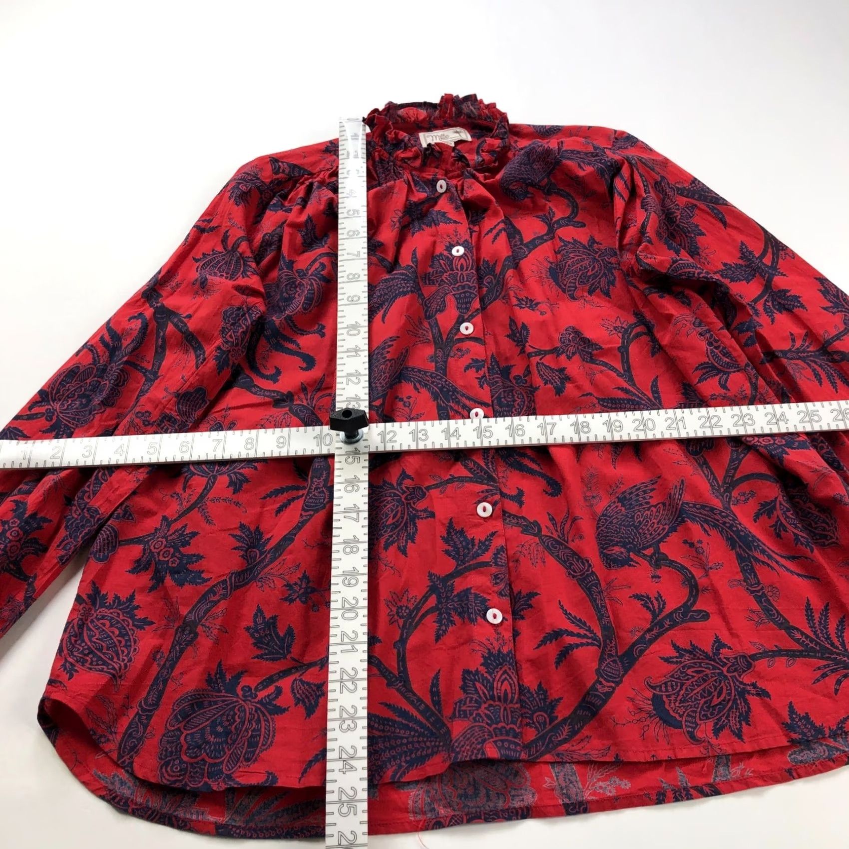 Vintage Mille Resort & Travel Shirt Womens XS Red Ruffled Neck Button Long Sleeve Floral HRJ Size XS / US 0-2 / IT 36-38 - 4 Thumbnail