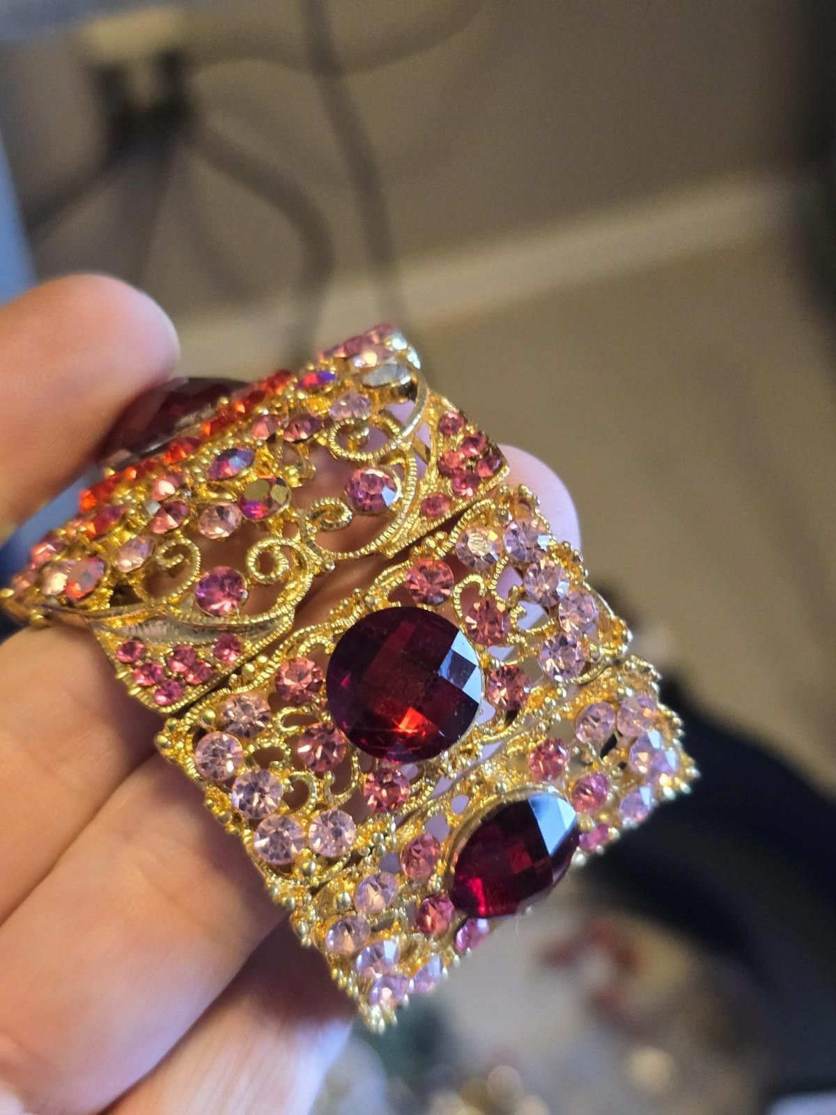 Pink Vintage Gold Tone Cuff Bracelet Pink/Red Rhinestones Baroque Size ONE SIZE - 7 Thumbnail