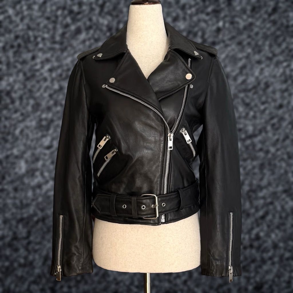 Vintage Walter Baker Leather Moto Jacket Womens XS Black Biker Zip Buckle Size XS / US 0-2 / IT 36-38 - 1 Thumbnail
