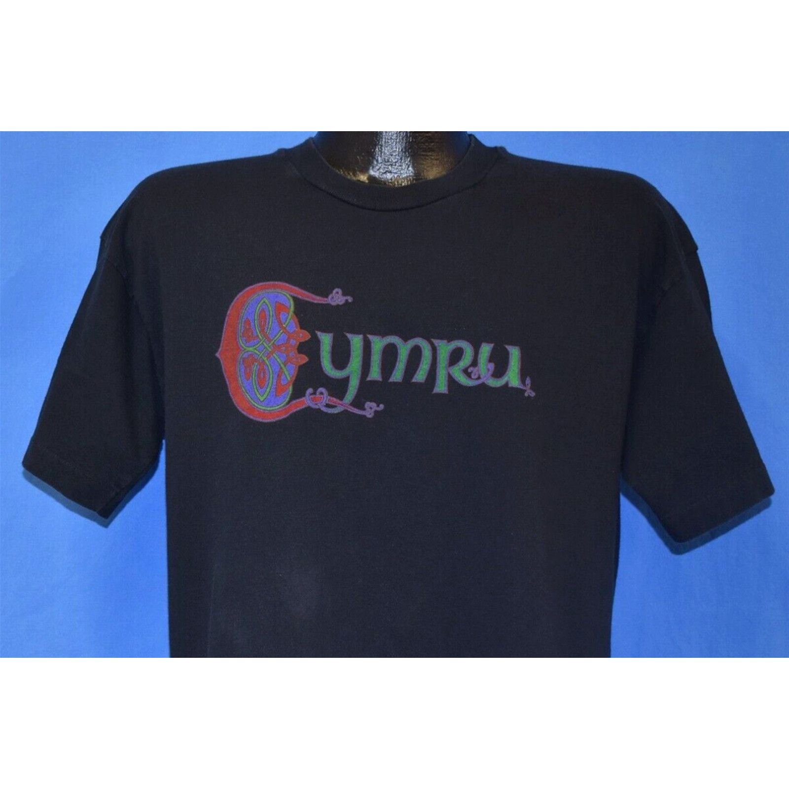 image of Vintage VTG 80's Cymru Wales Welsh United Kingdom Tourist Black Souvenir T-Shirt Large L in White