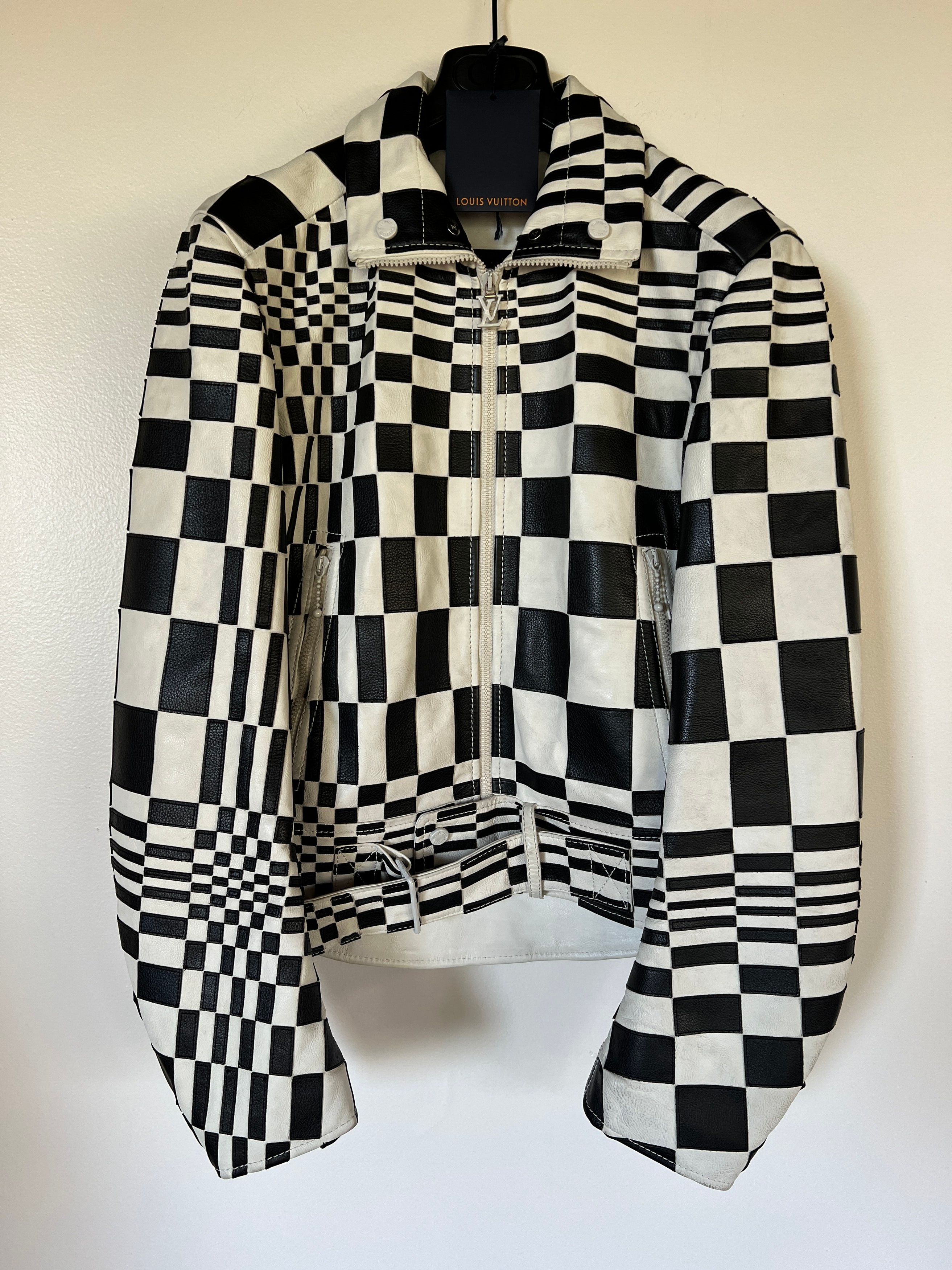Pre-owned Louis Vuitton X Virgil Abloh Ss21 Runway Checker Patchwork Leather Biker Jacket Size 46 In Black/white